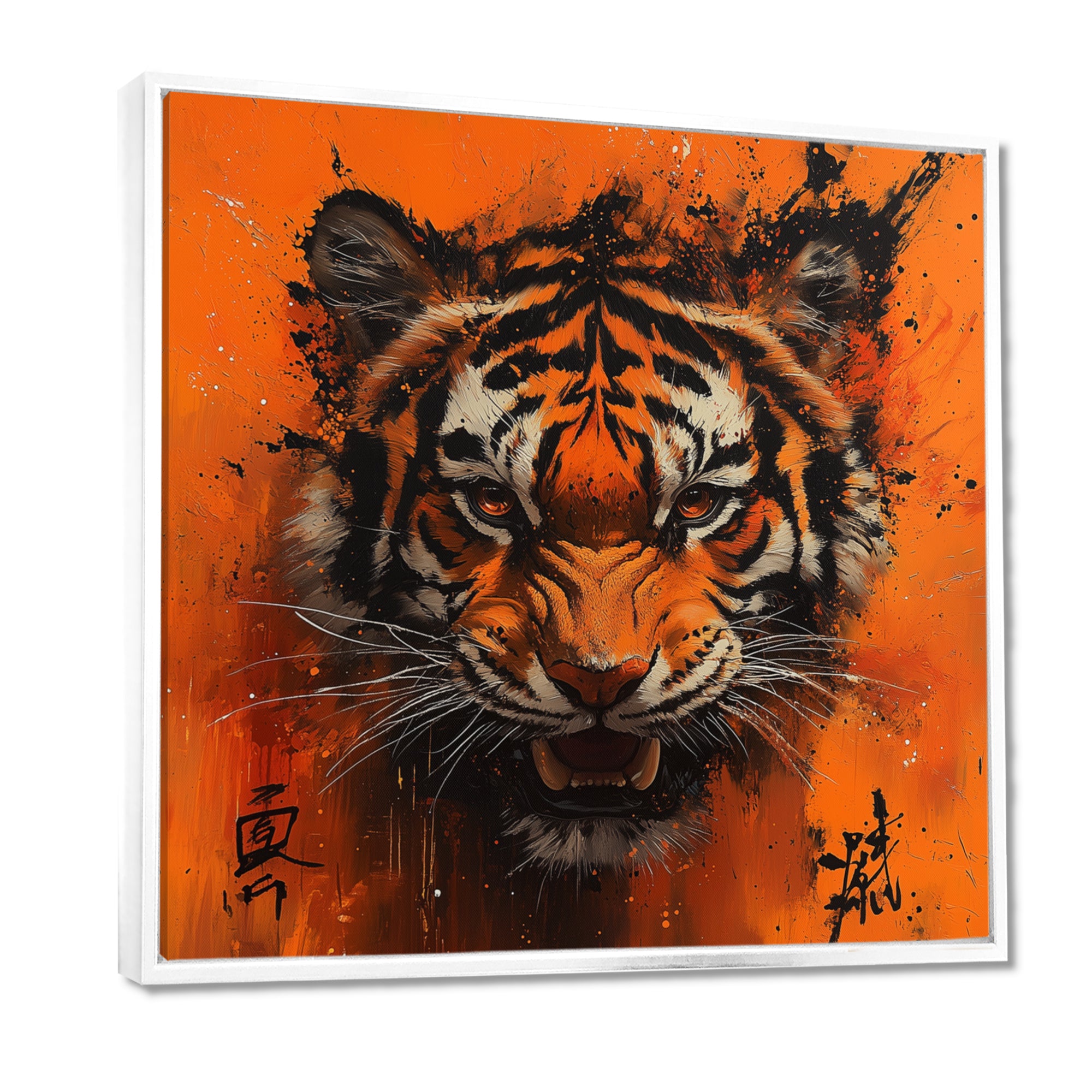 Orange And Black Tiger With Chinese Sign - Tiger Wall Art Prints