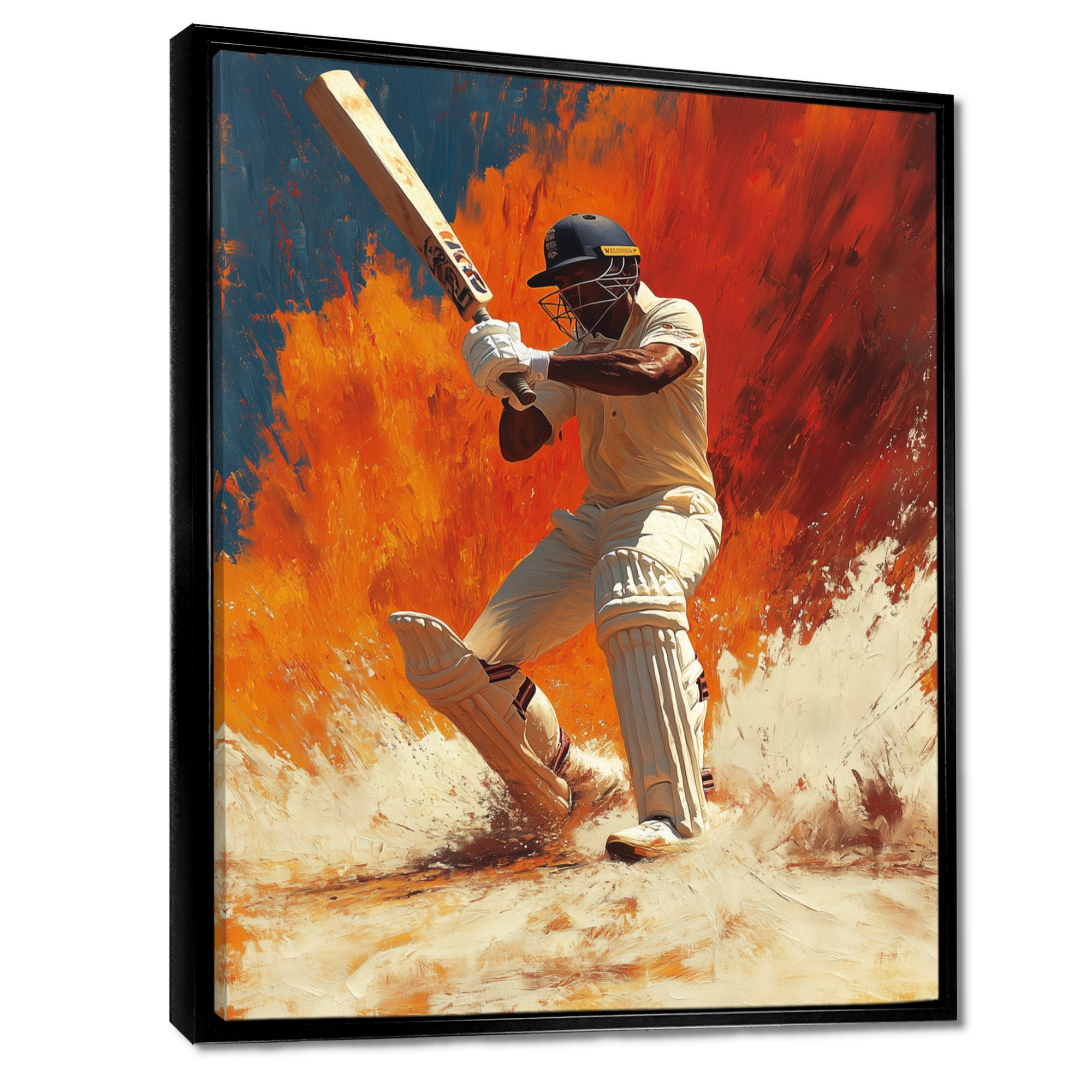 White And Orange Sport Cricket Batsmans Stance - Cricket Sport Canvas Wall Art