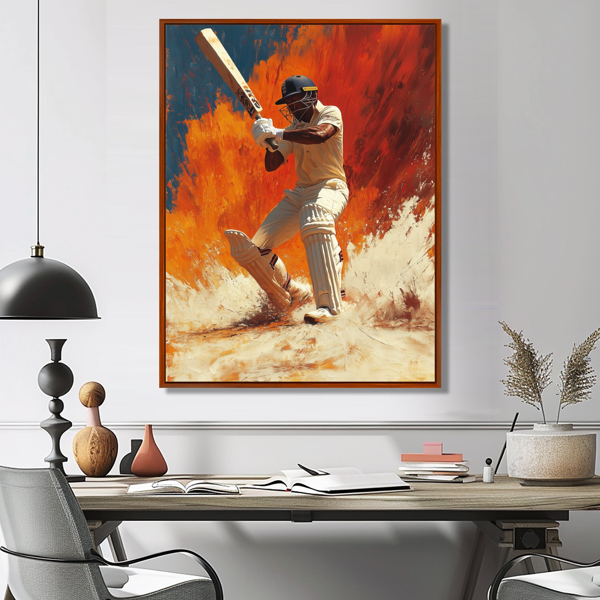 White And Orange Sport Cricket Batsmans Stance - Cricket Sport Canvas Wall Art