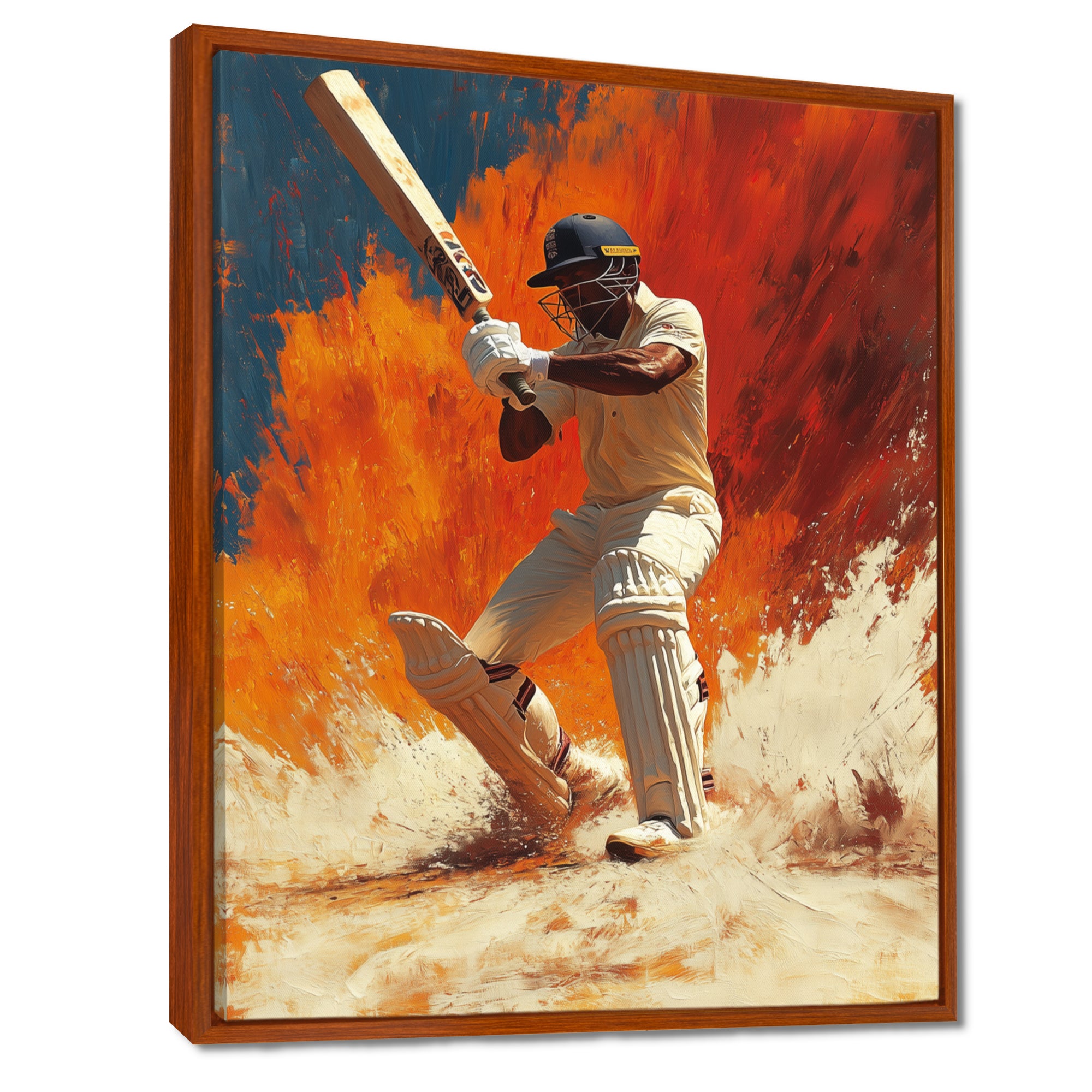 White And Orange Sport Cricket Batsmans Stance - Cricket Sport Canvas Wall Art
