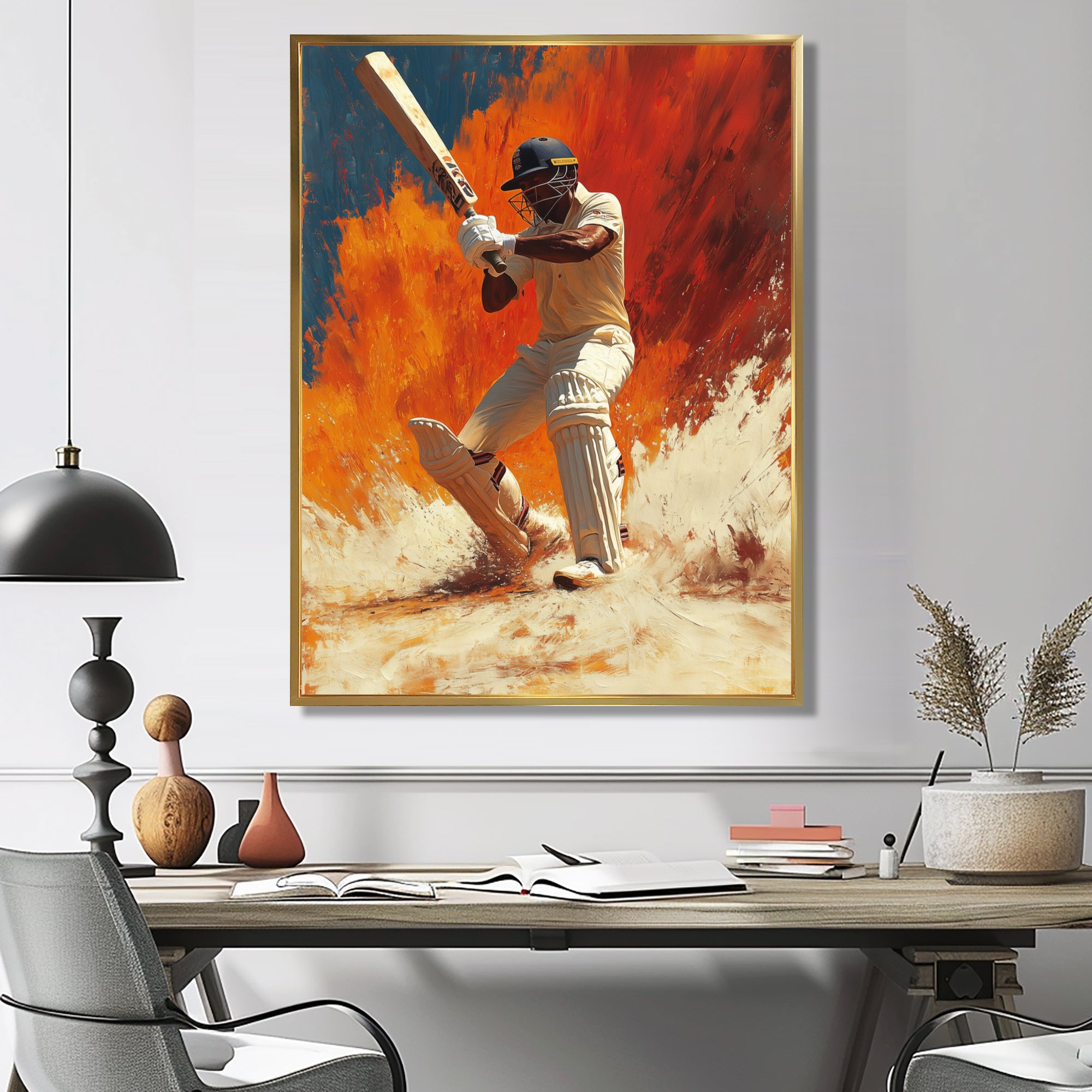 White And Orange Sport Cricket Batsmans Stance - Cricket Sport Canvas Wall Art