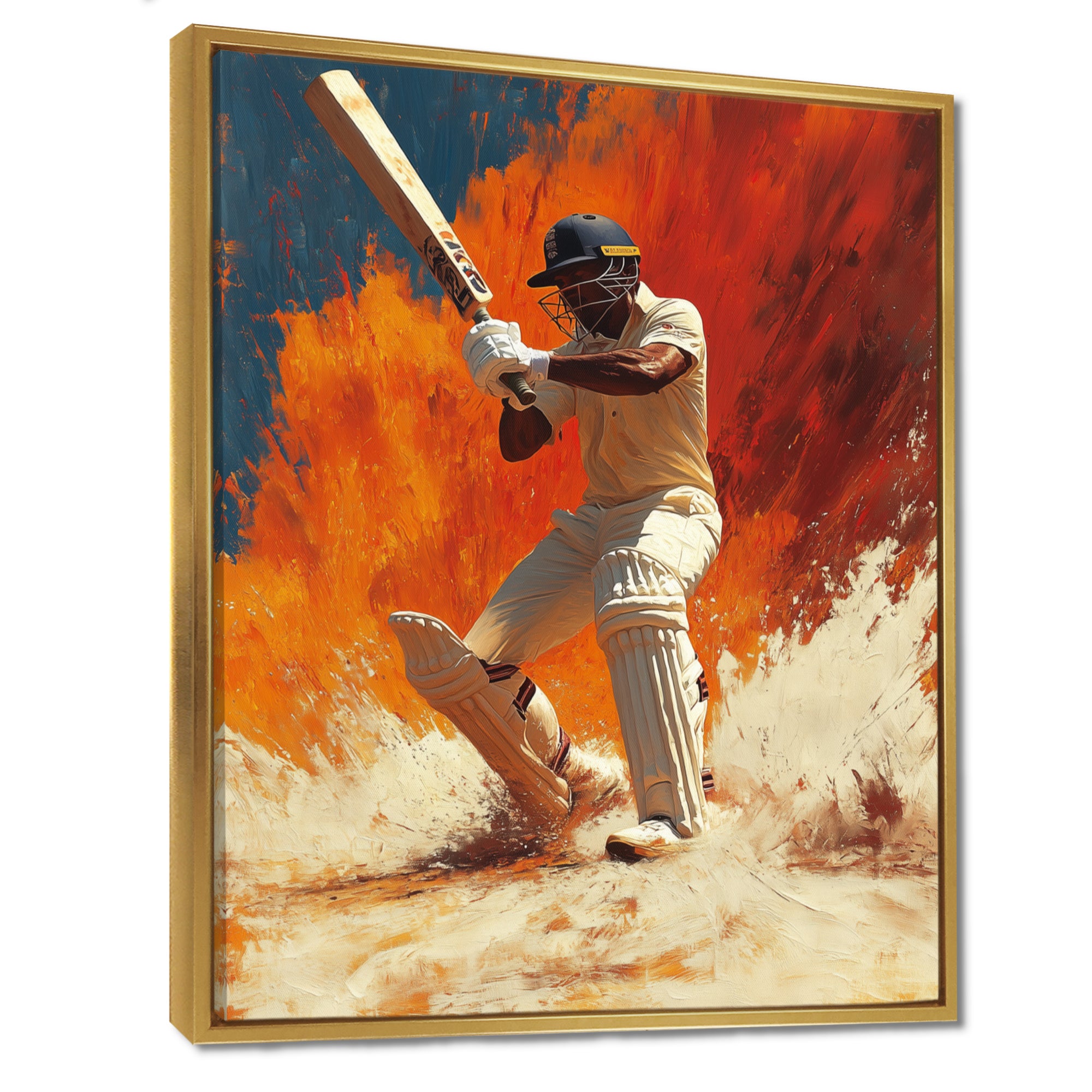 White And Orange Sport Cricket Batsmans Stance - Cricket Sport Canvas Wall Art