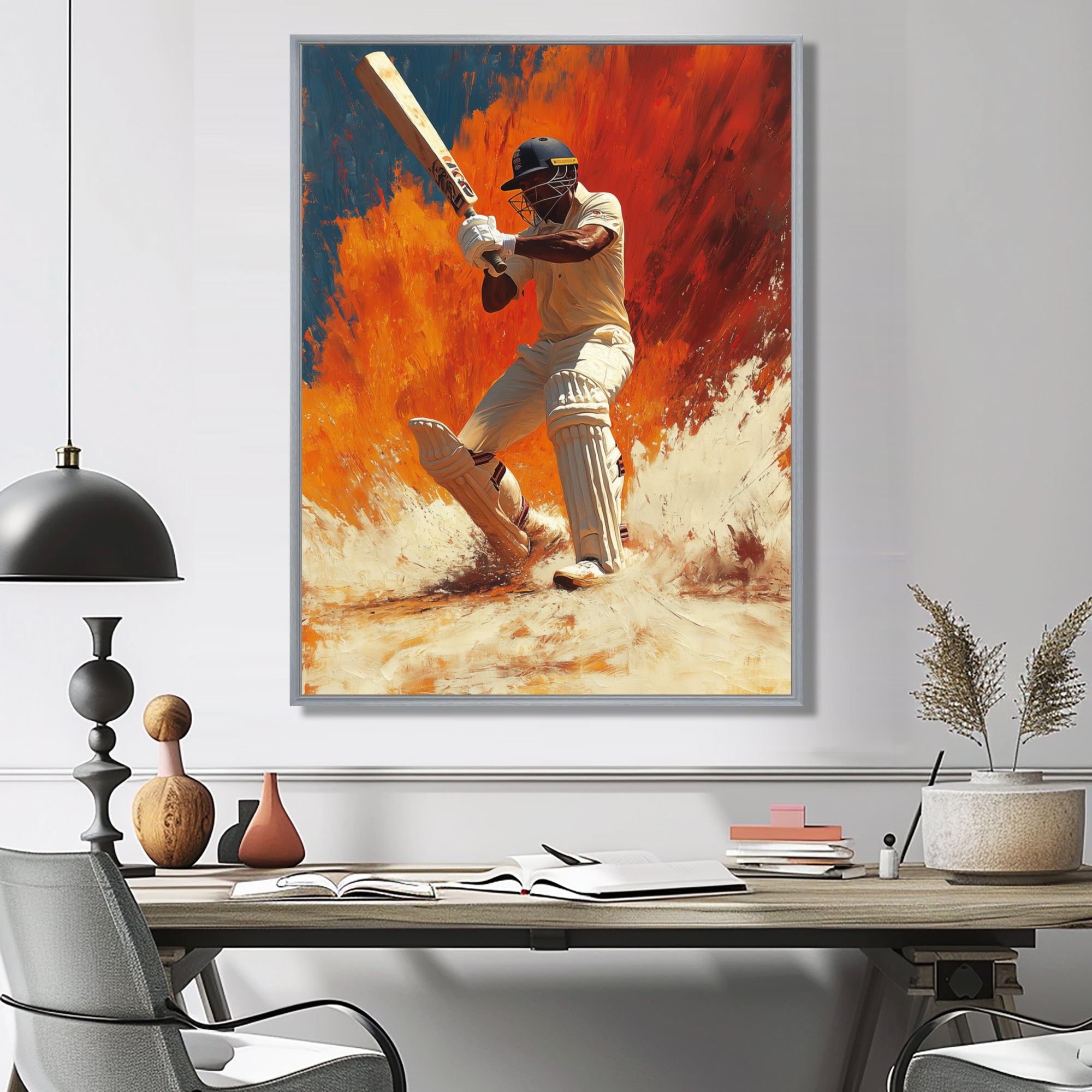 White And Orange Sport Cricket Batsmans Stance - Cricket Sport Canvas Wall Art