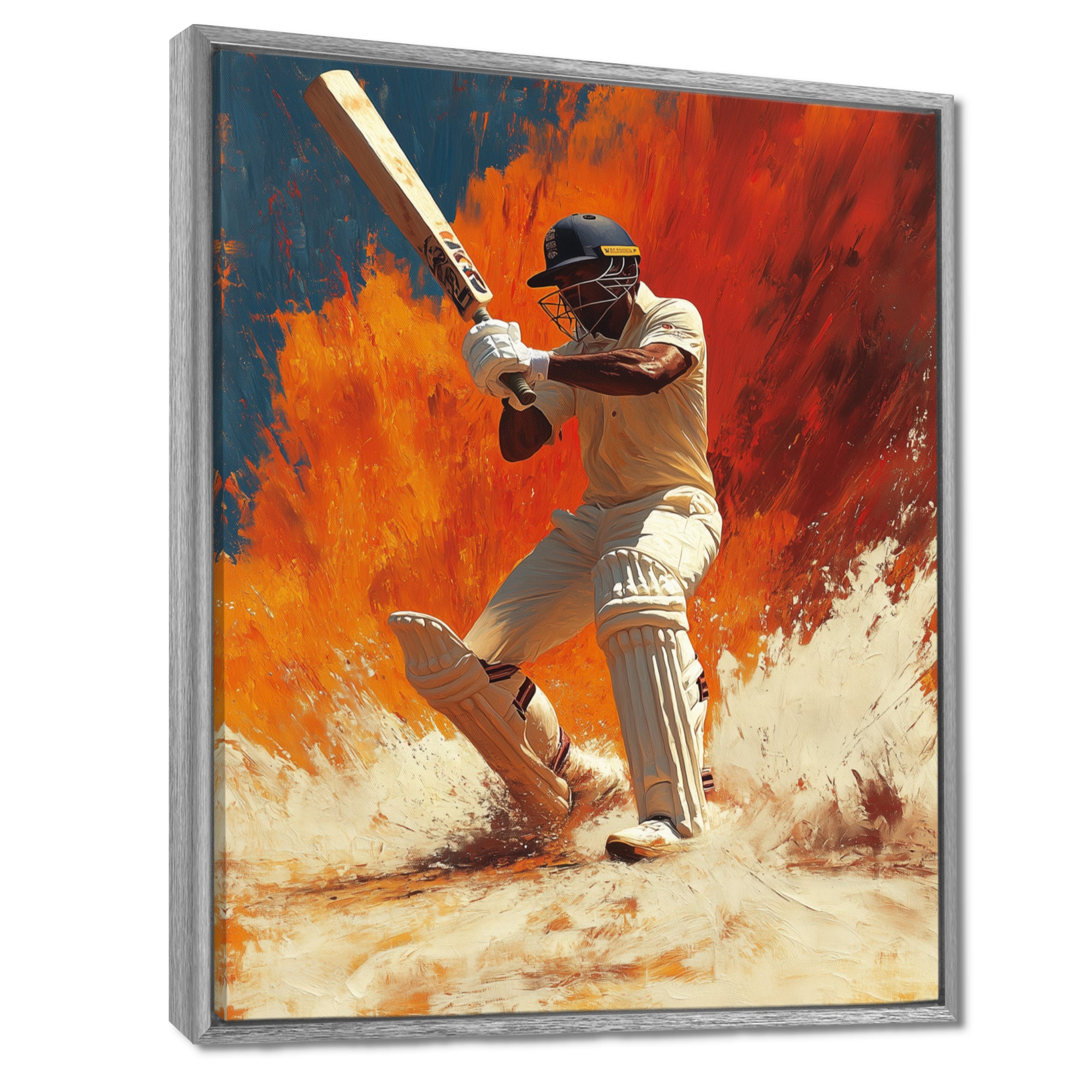 White And Orange Sport Cricket Batsmans Stance - Cricket Sport Canvas Wall Art