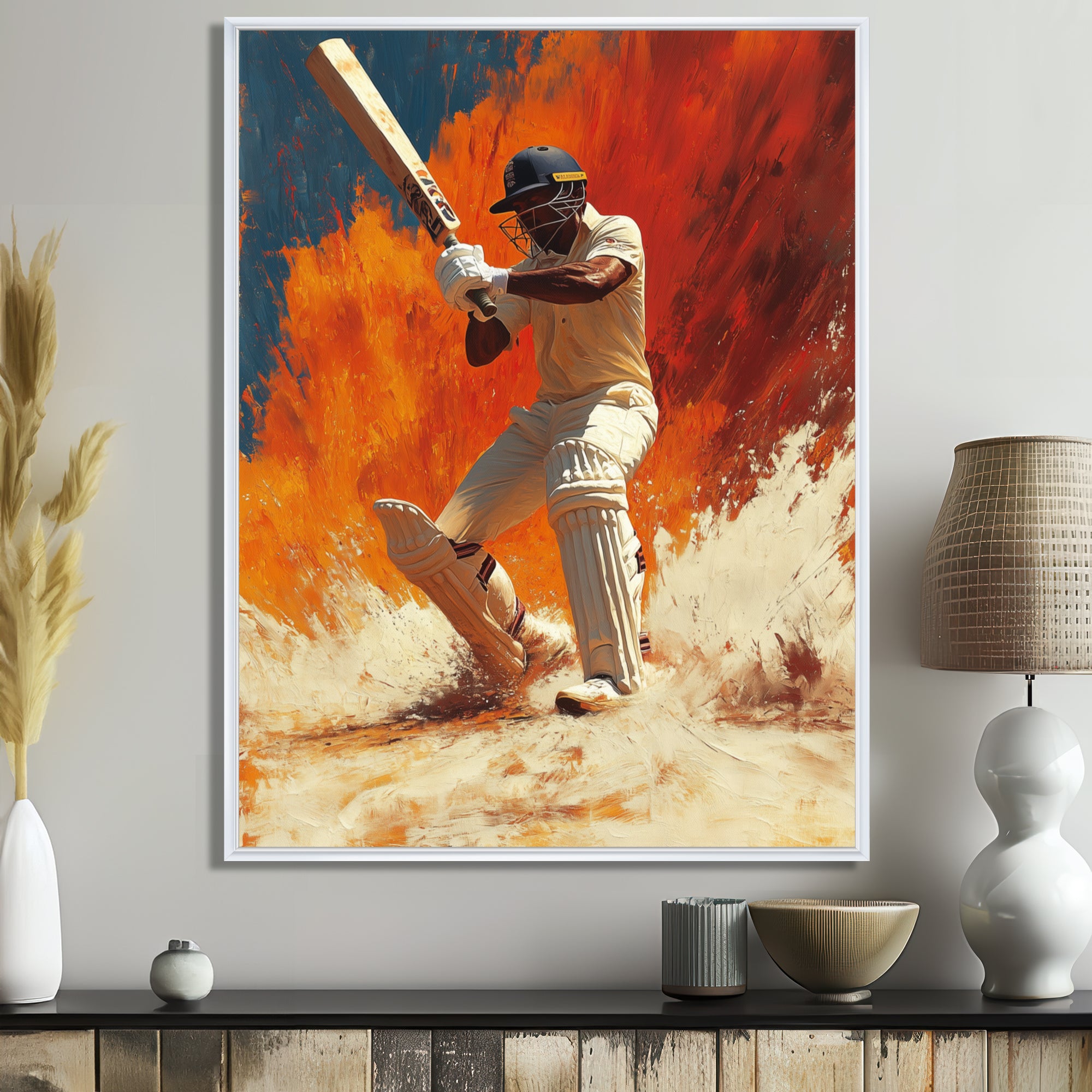 White And Orange Sport Cricket Batsmans Stance - Cricket Sport Canvas Wall Art