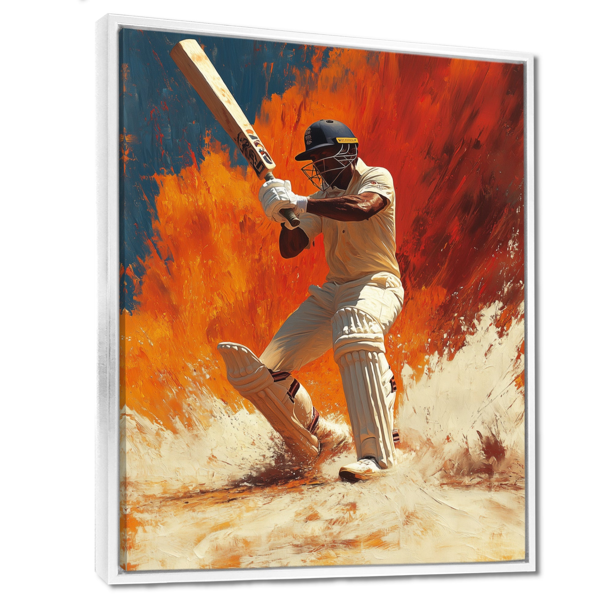 White And Orange Sport Cricket Batsmans Stance - Cricket Sport Canvas Wall Art