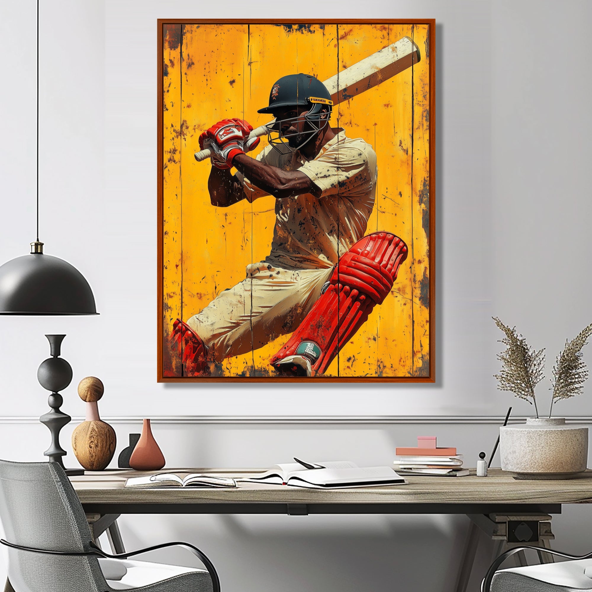 Red And Yellow Sport Cricket Batsmans Stance - Cricket Sport Canvas Wall Art