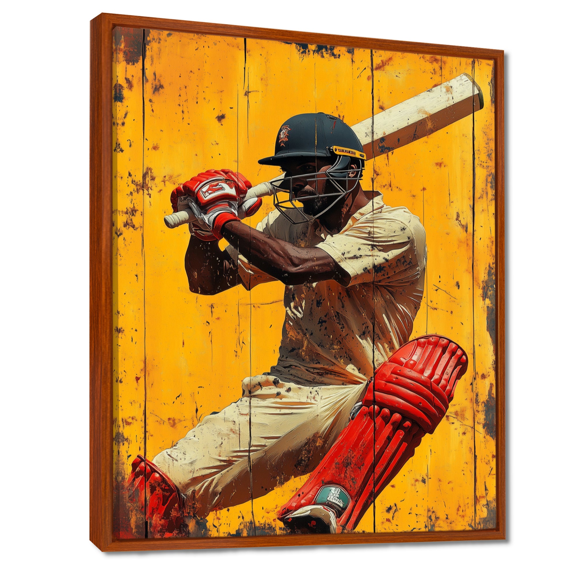 Red And Yellow Sport Cricket Batsmans Stance - Cricket Sport Canvas Wall Art