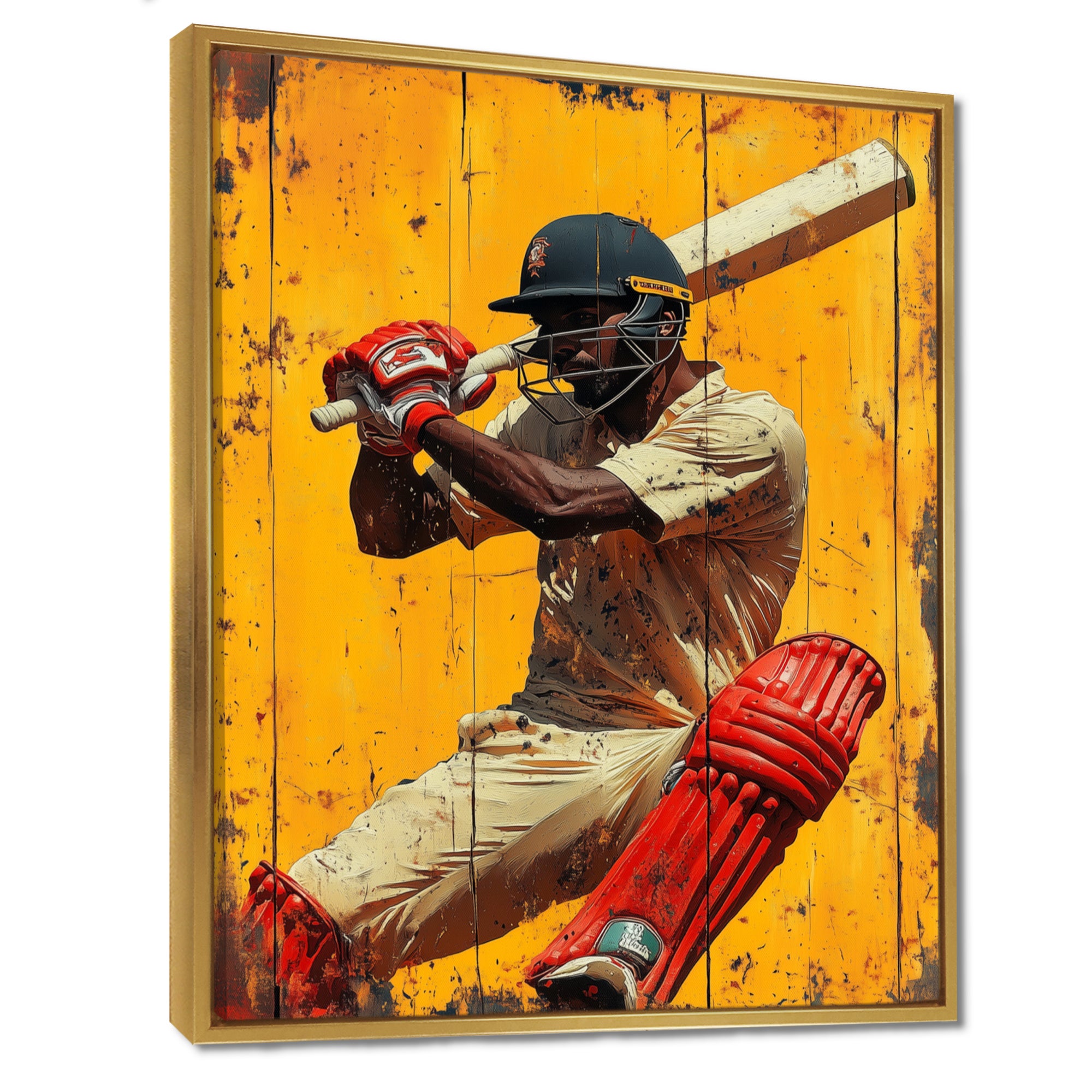 Red And Yellow Sport Cricket Batsmans Stance - Cricket Sport Canvas Wall Art