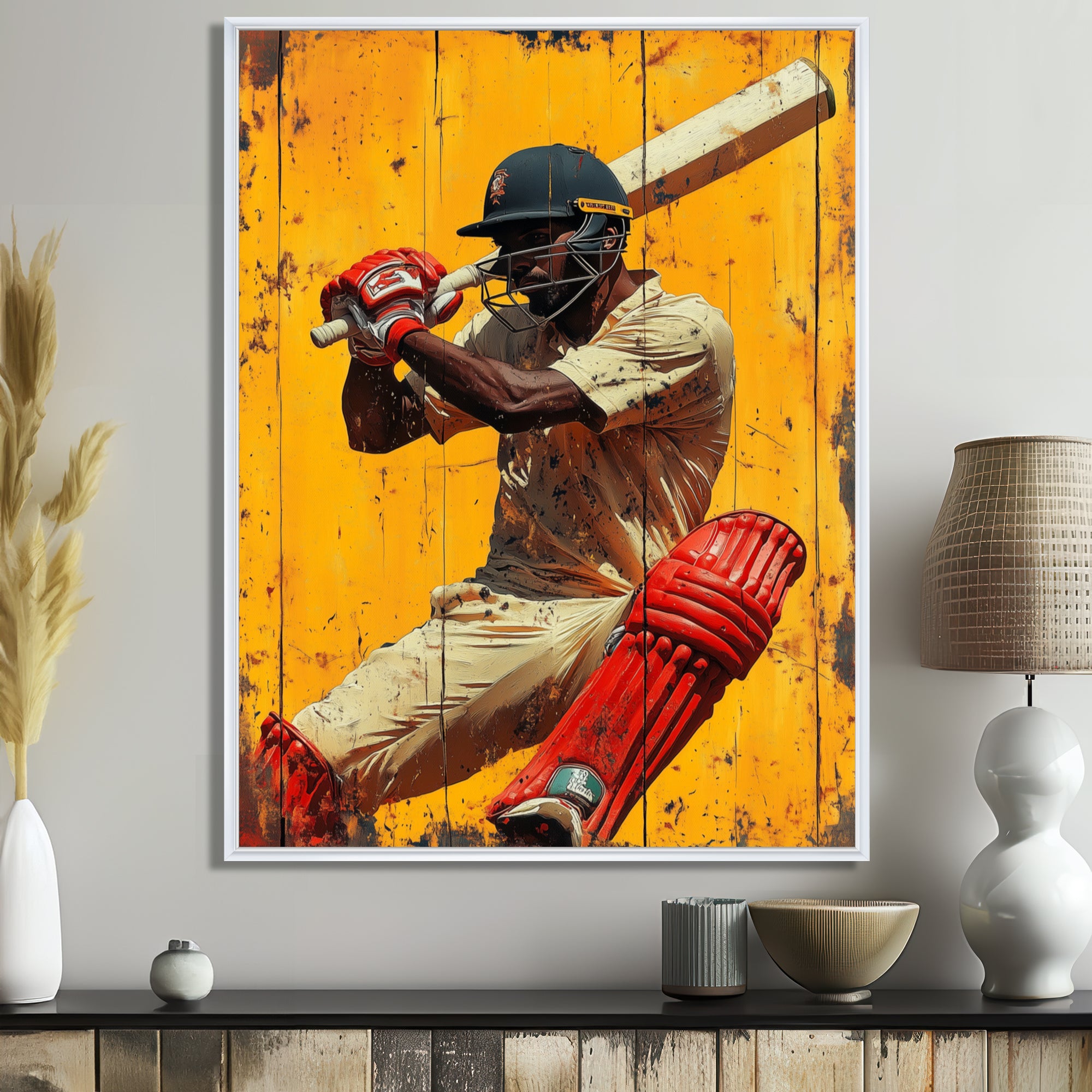 Red And Yellow Sport Cricket Batsmans Stance - Cricket Sport Canvas Wall Art