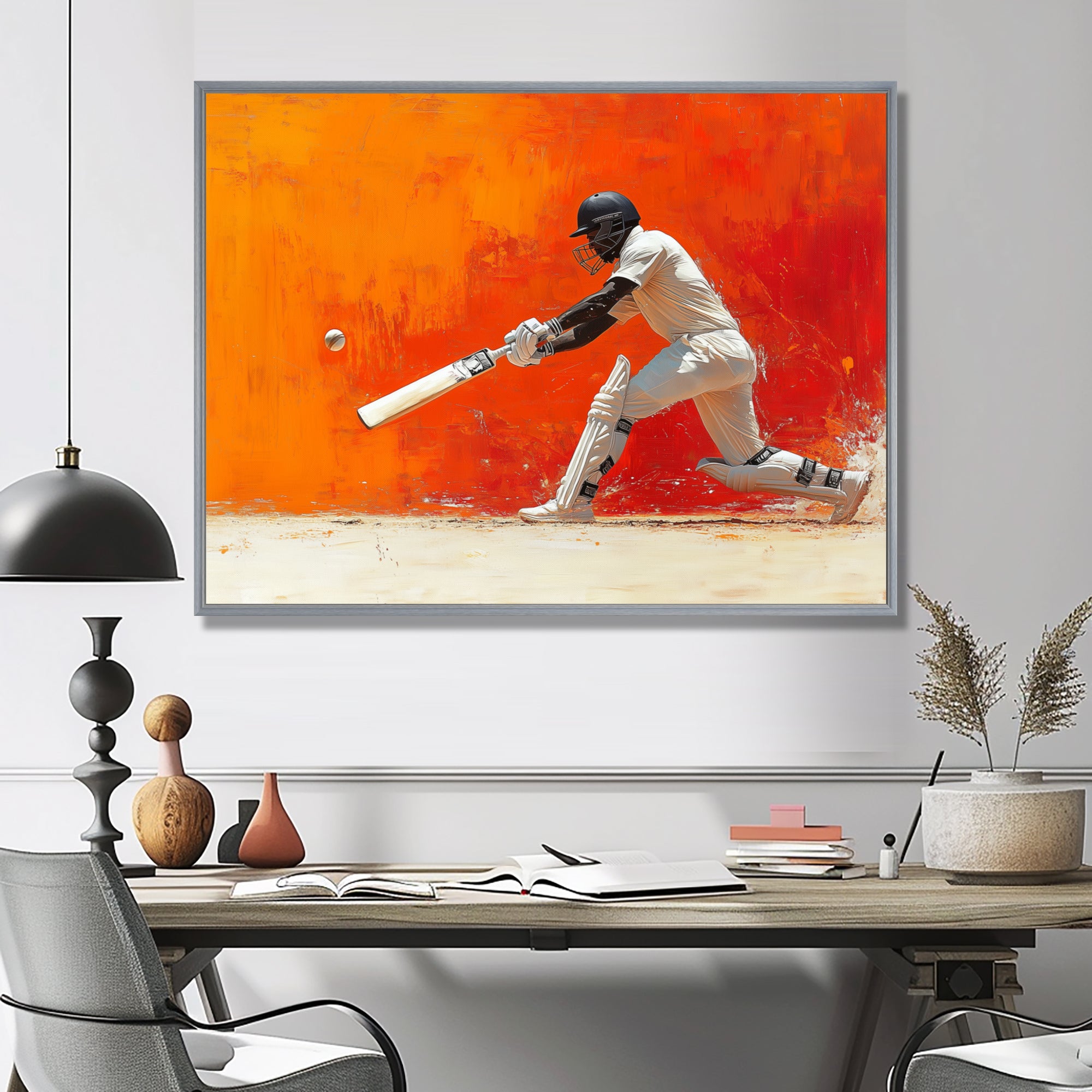 Orange And White Sport Cricket Cover Drive - Cricket Sport Canvas Wall Art