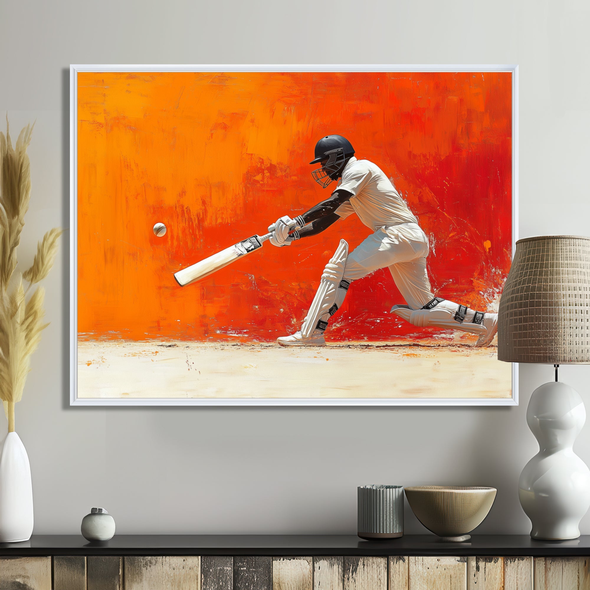 Orange And White Sport Cricket Cover Drive - Cricket Sport Canvas Wall Art