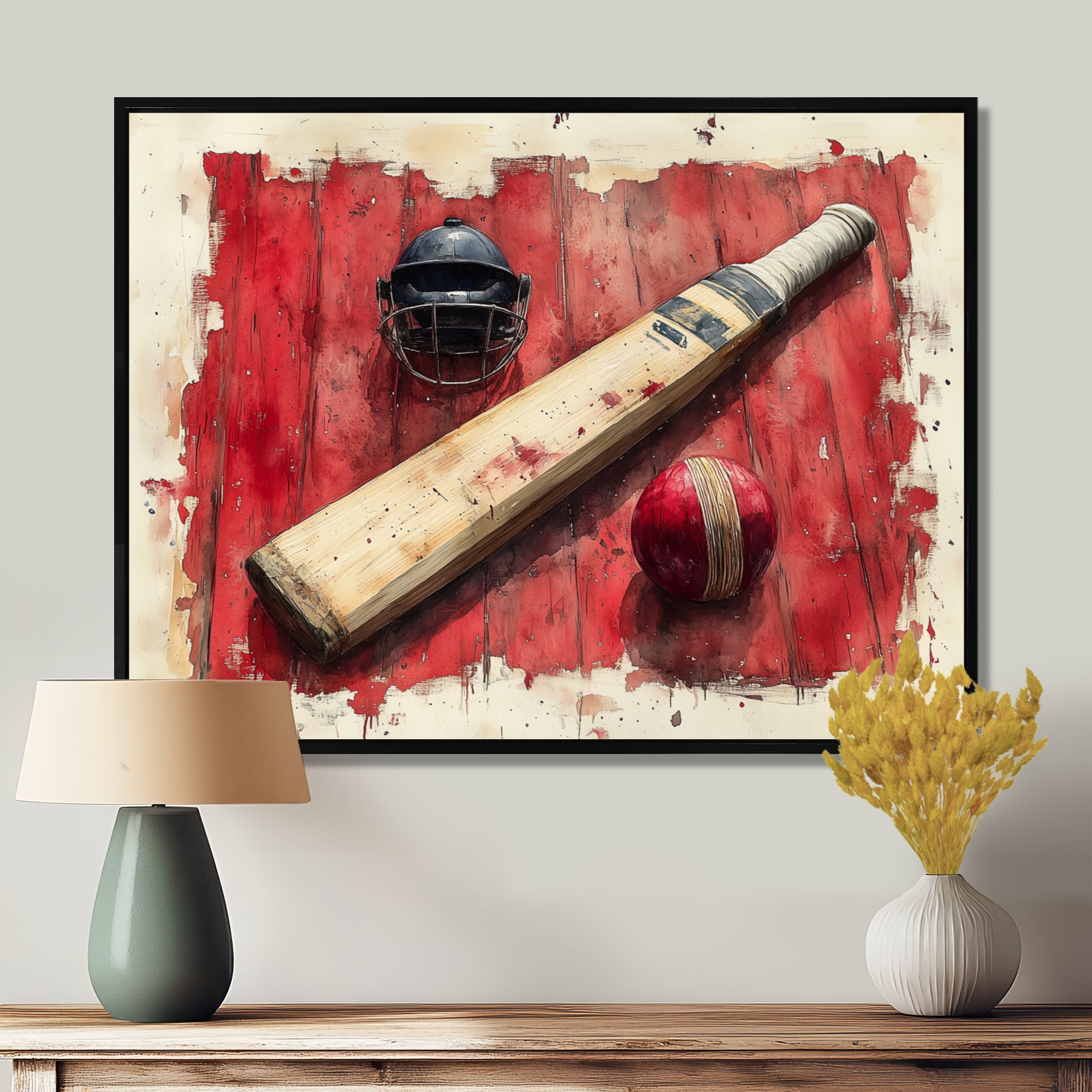 Red And Black Sport Cricket Equipment - Cricket Sport Canvas Wall Art