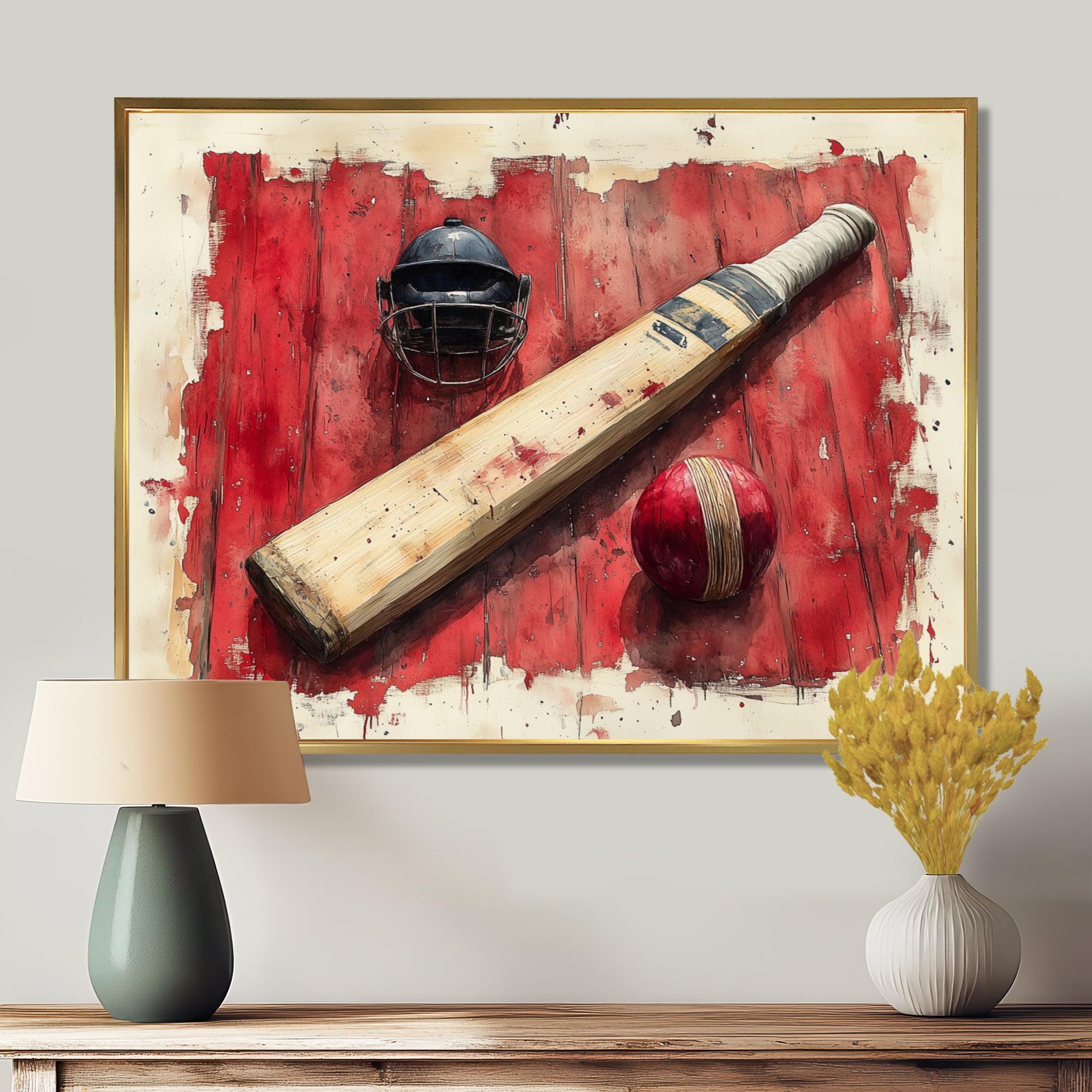 Red And Black Sport Cricket Equipment - Cricket Sport Canvas Wall Art
