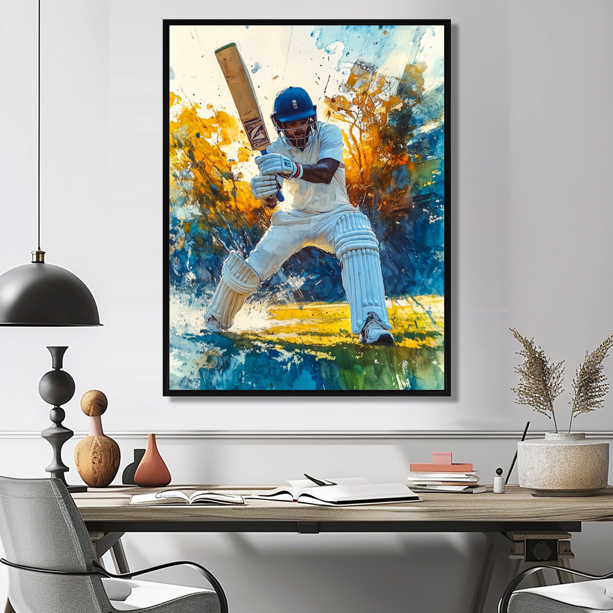 White And Blue Sport Cricket Fielding Frenzy - Cricket Sport Canvas Wall Art