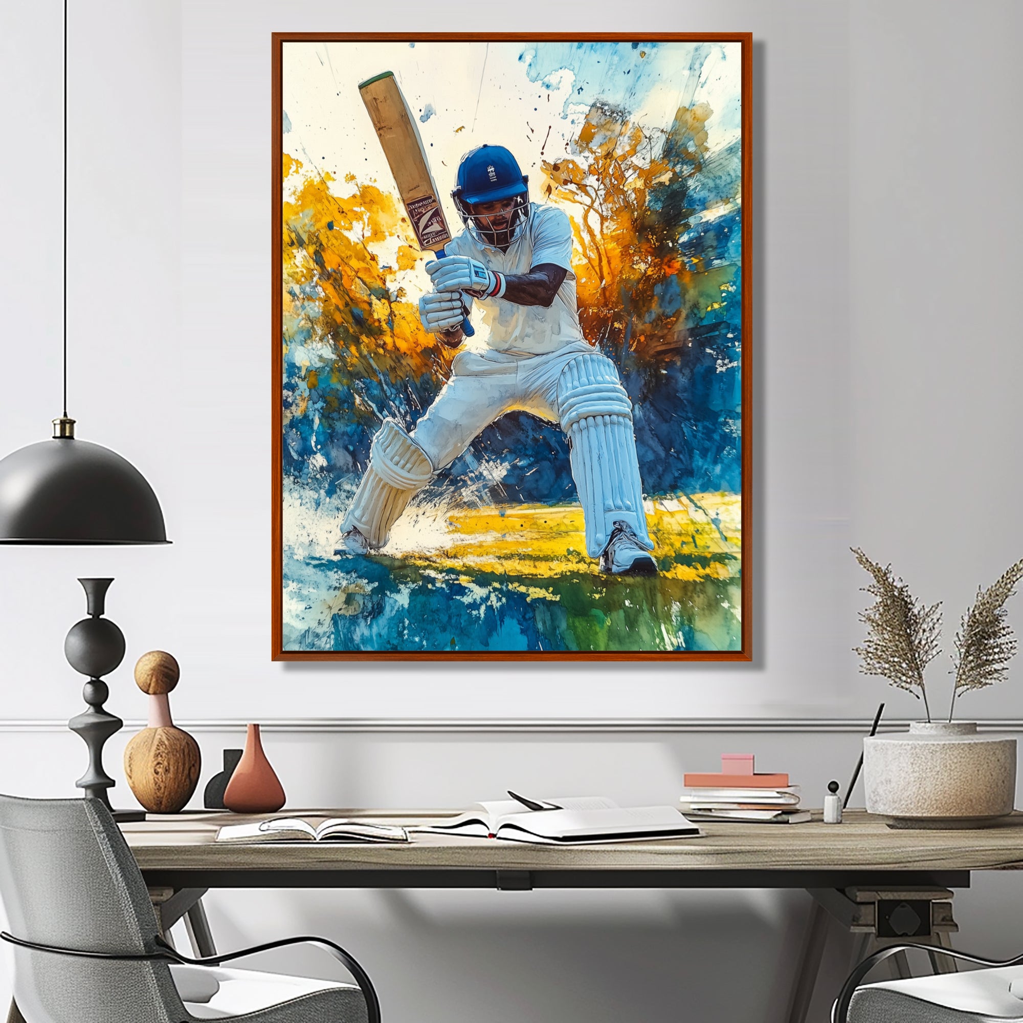 White And Blue Sport Cricket Fielding Frenzy - Cricket Sport Canvas Wall Art