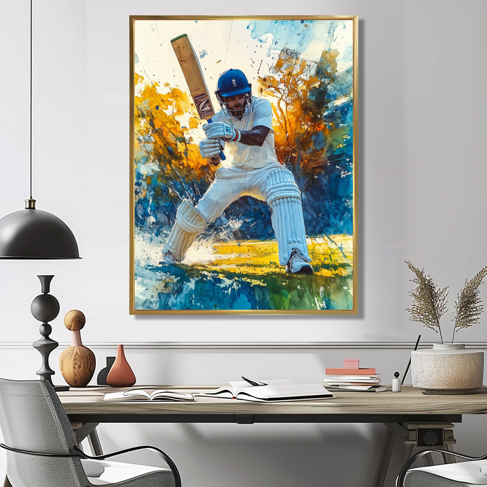 White And Blue Sport Cricket Fielding Frenzy - Cricket Sport Canvas Wall Art