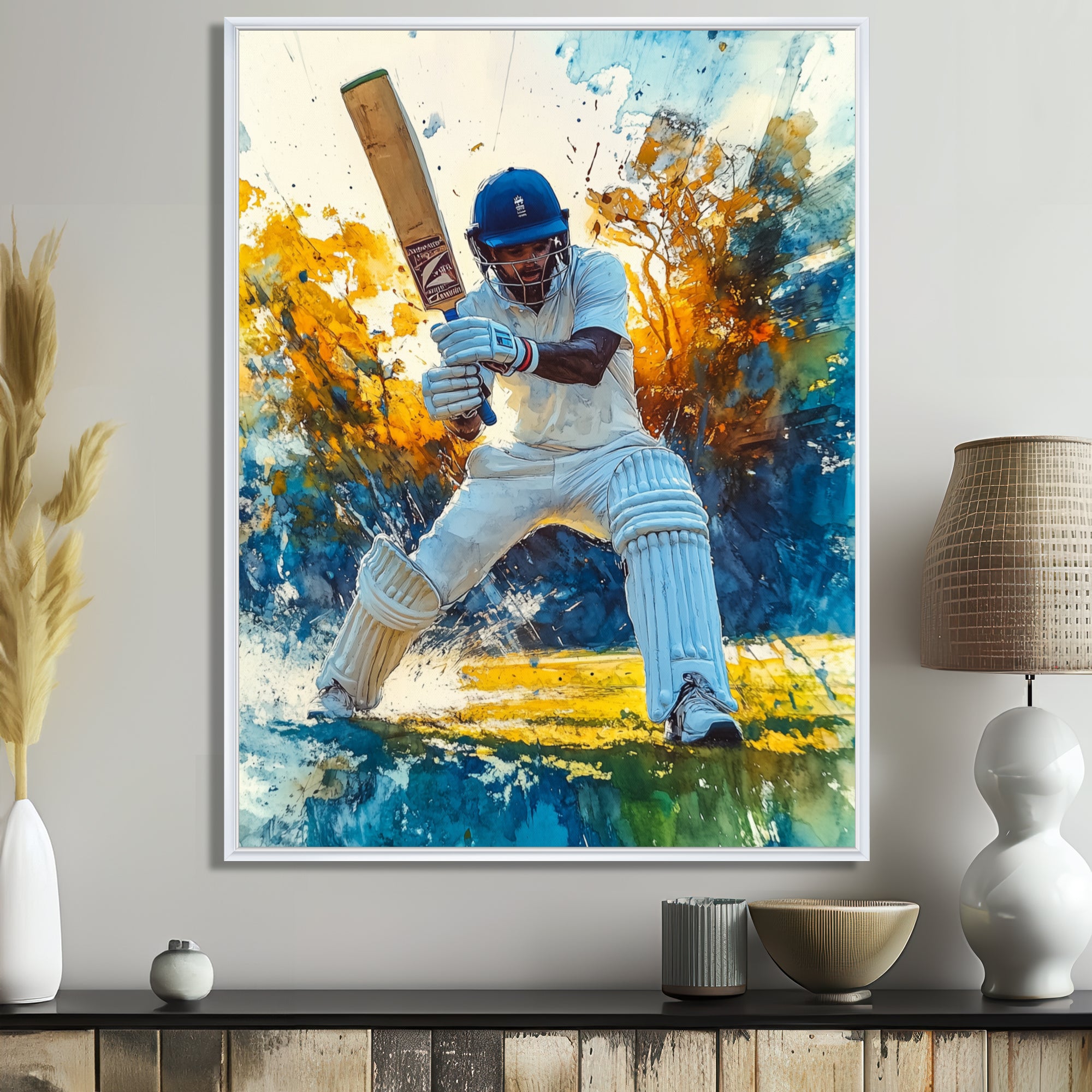 White And Blue Sport Cricket Fielding Frenzy - Cricket Sport Canvas Wall Art