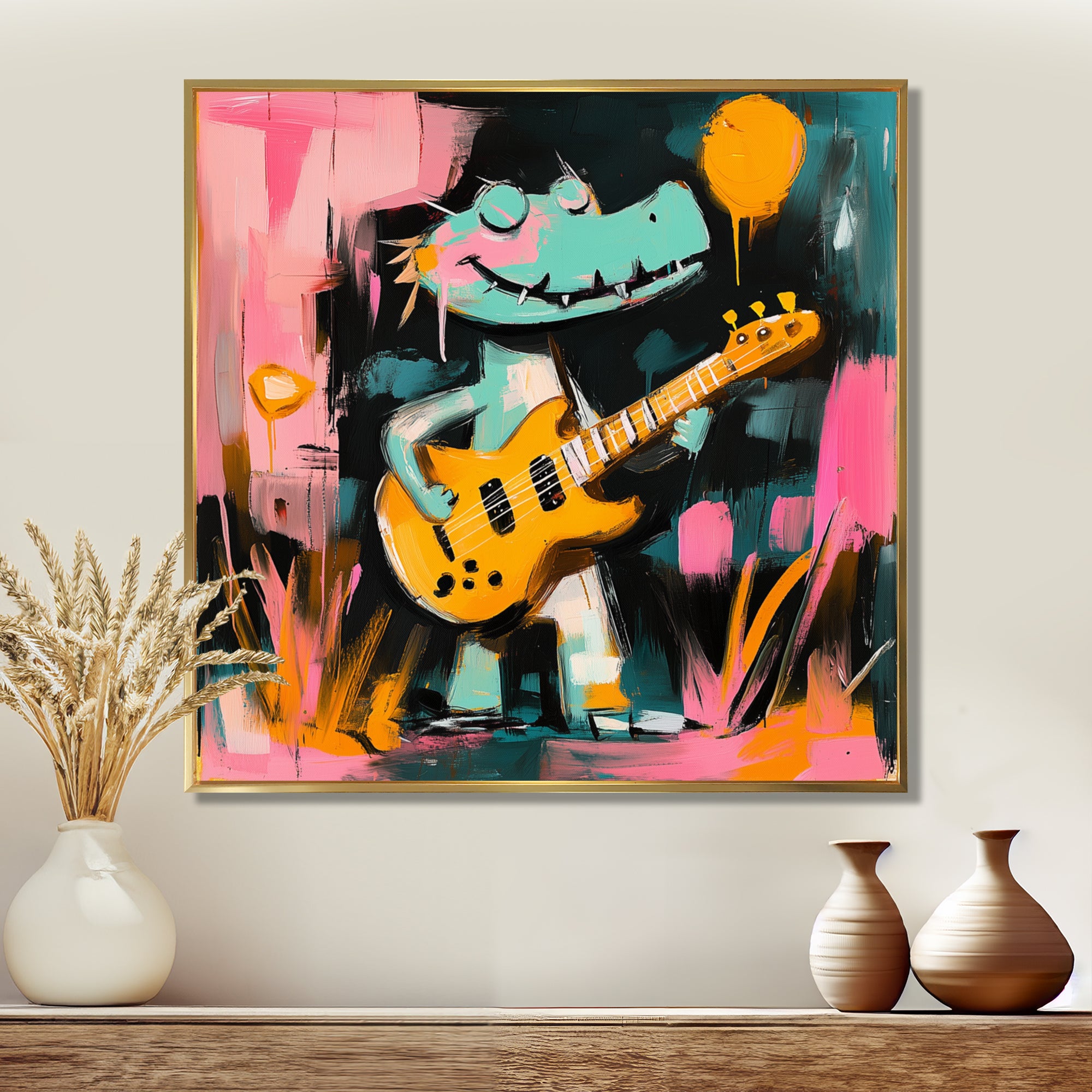 Nursery Crocodile Playing Guitar - Crocodile Large Canvas Wall Art