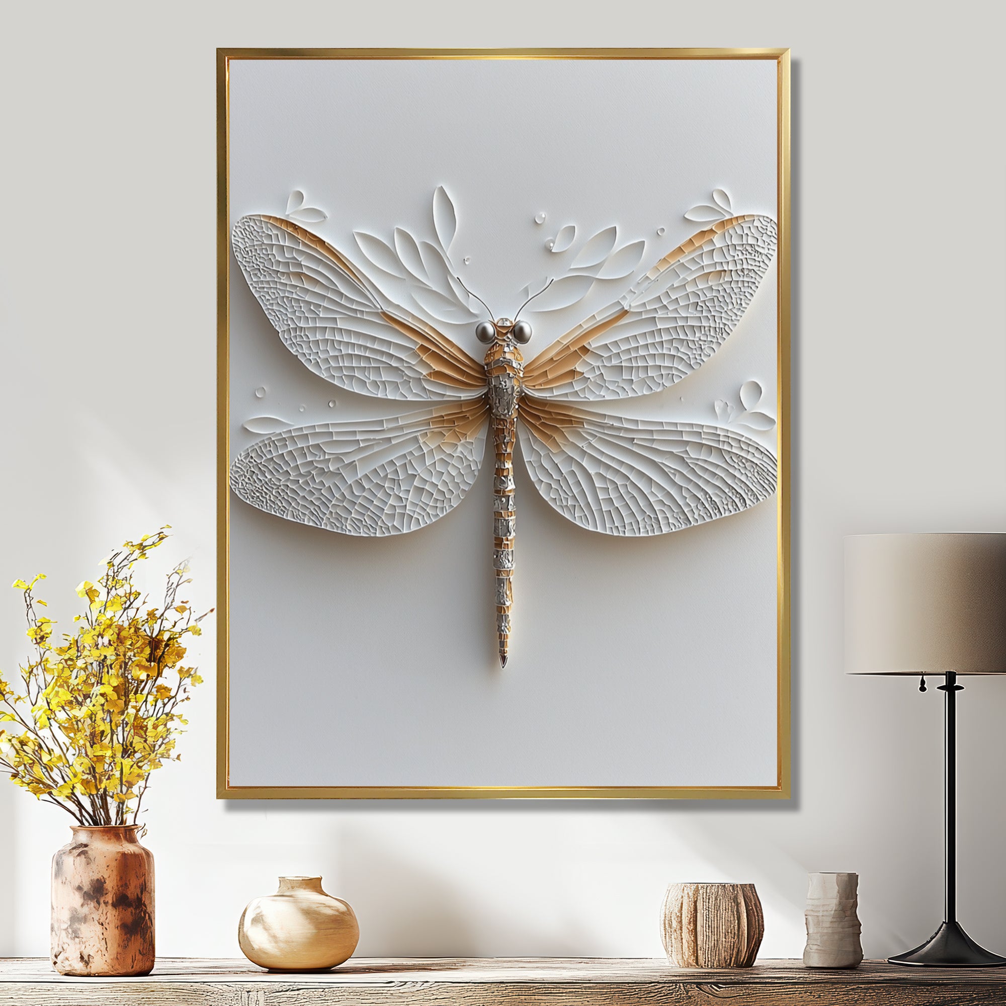 White And Gold Dragonfly Moonlit Magic - Dragonfly Bedroom Wall Art