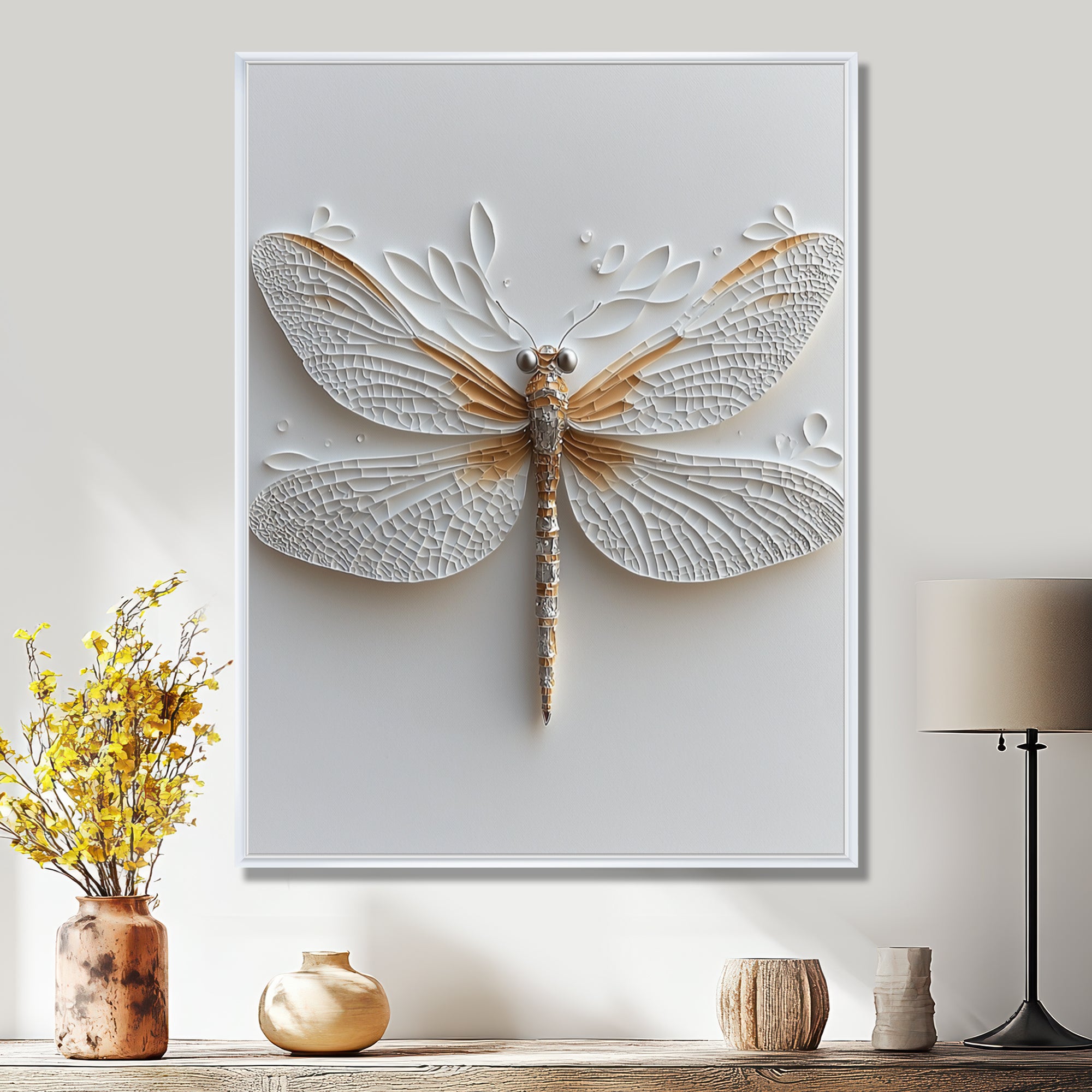 White And Gold Dragonfly Moonlit Magic - Dragonfly Bedroom Wall Art