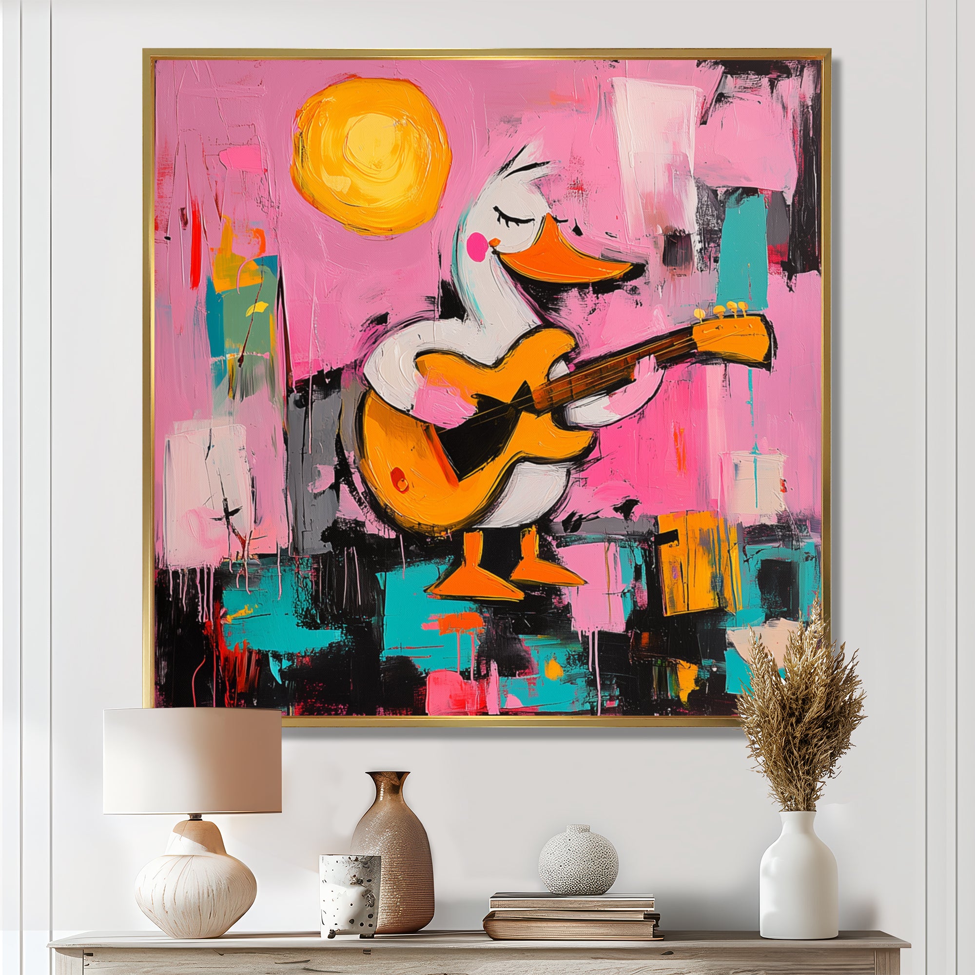 Nursery Duck Playing Guitar - Pink Duck Wall Art