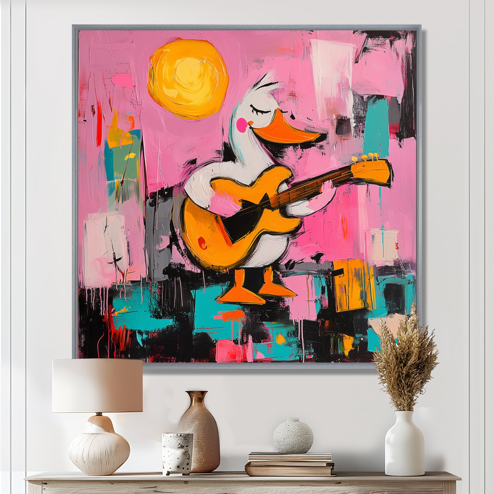 Nursery Duck Playing Guitar - Pink Duck Wall Art