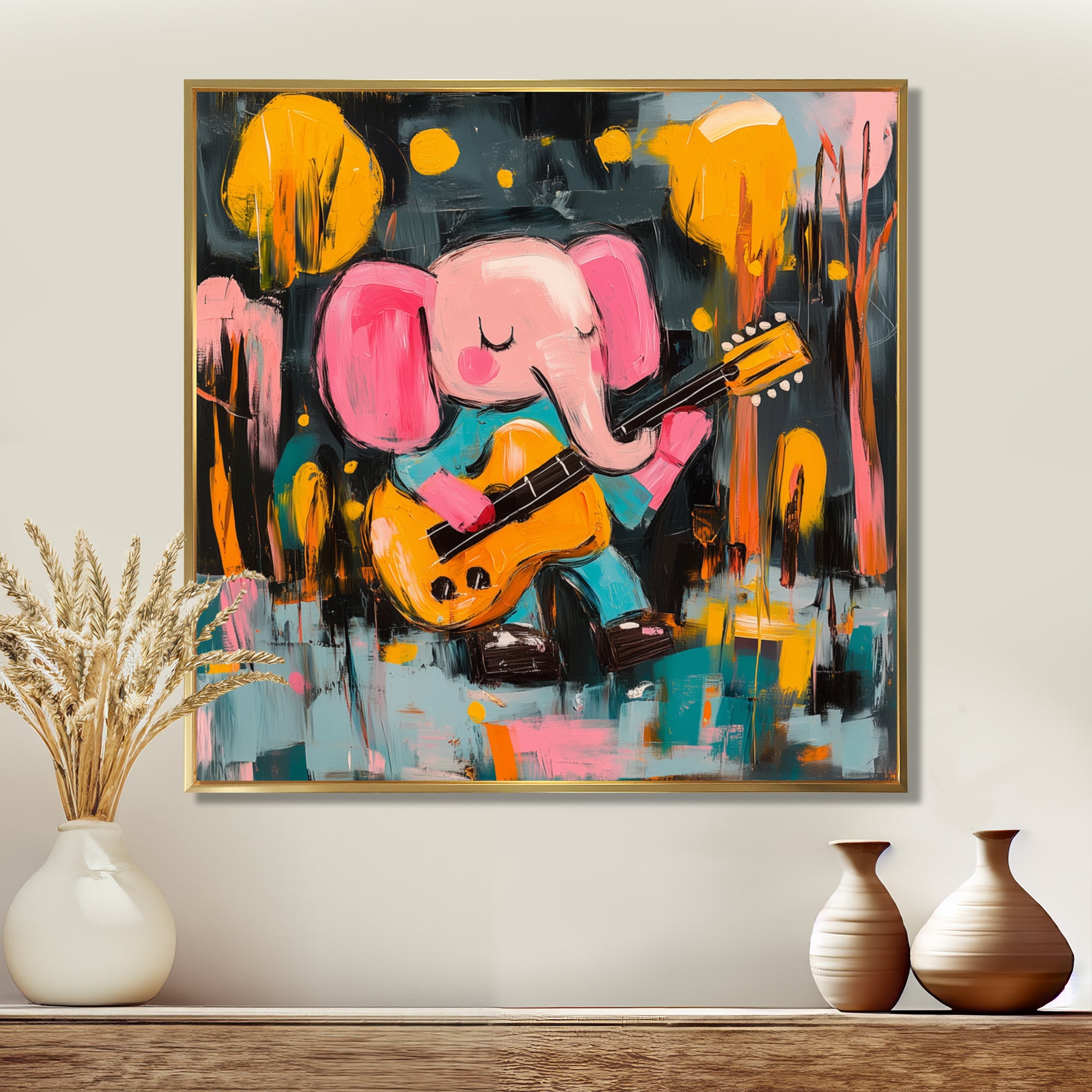 Nursery Elephant Playing Guitar - Elephant Large Canvas Wall Art