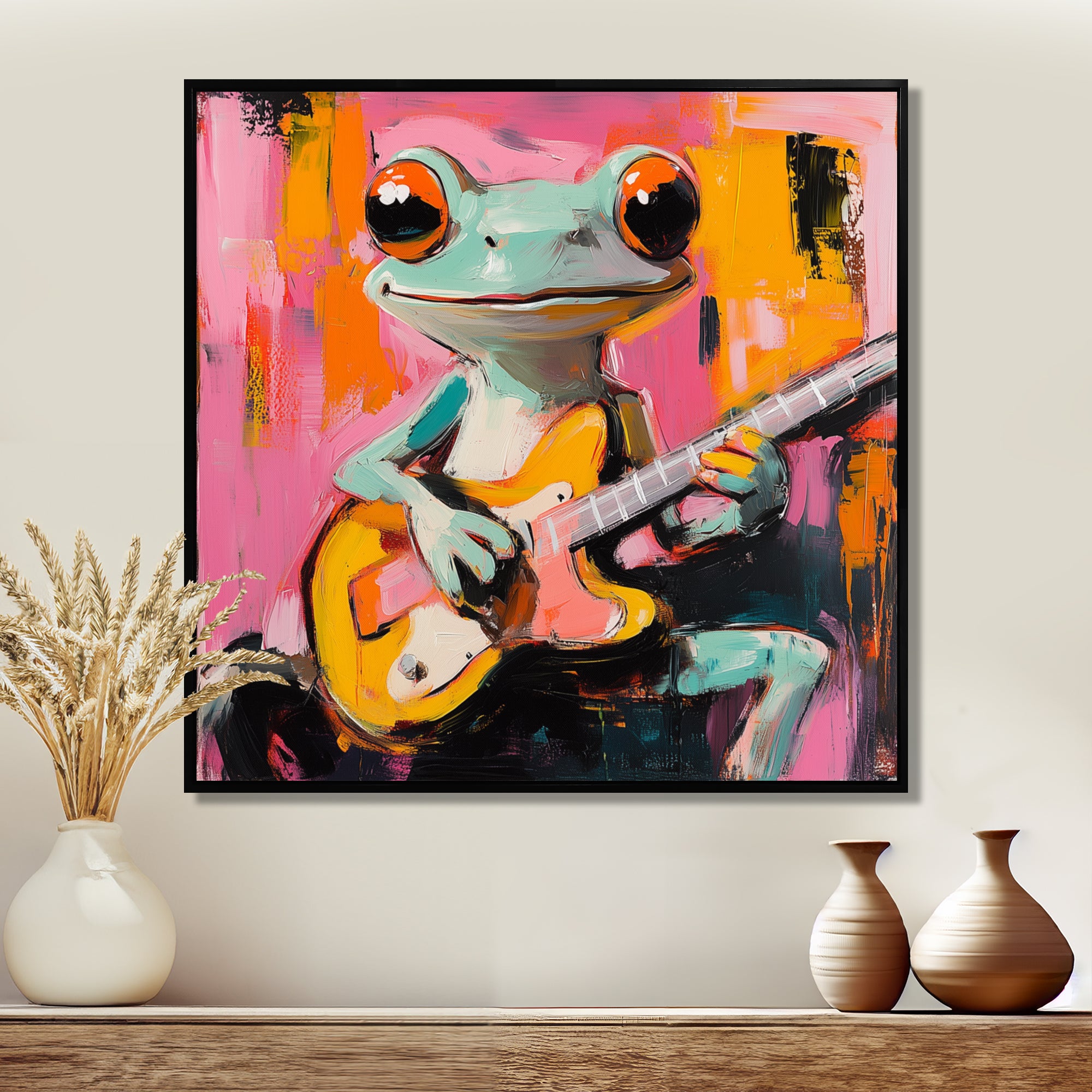 Nursery Green Frog Rock Star Accented With Pink - Frog Bedroom Wall Art