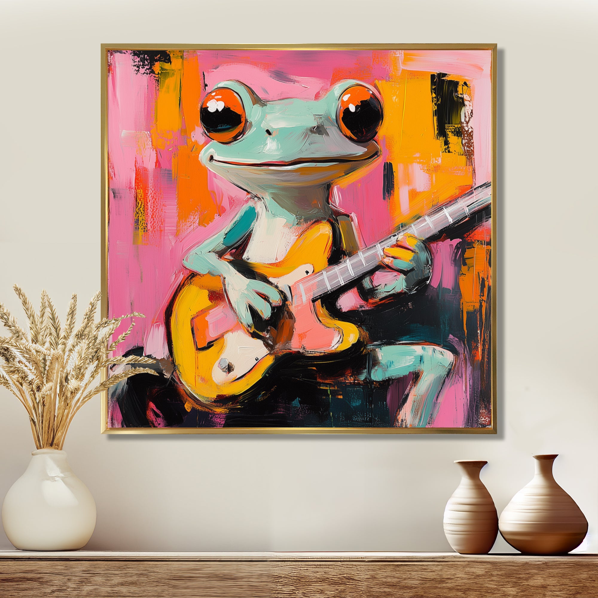 Nursery Green Frog Rock Star Accented With Pink - Frog Bedroom Wall Art
