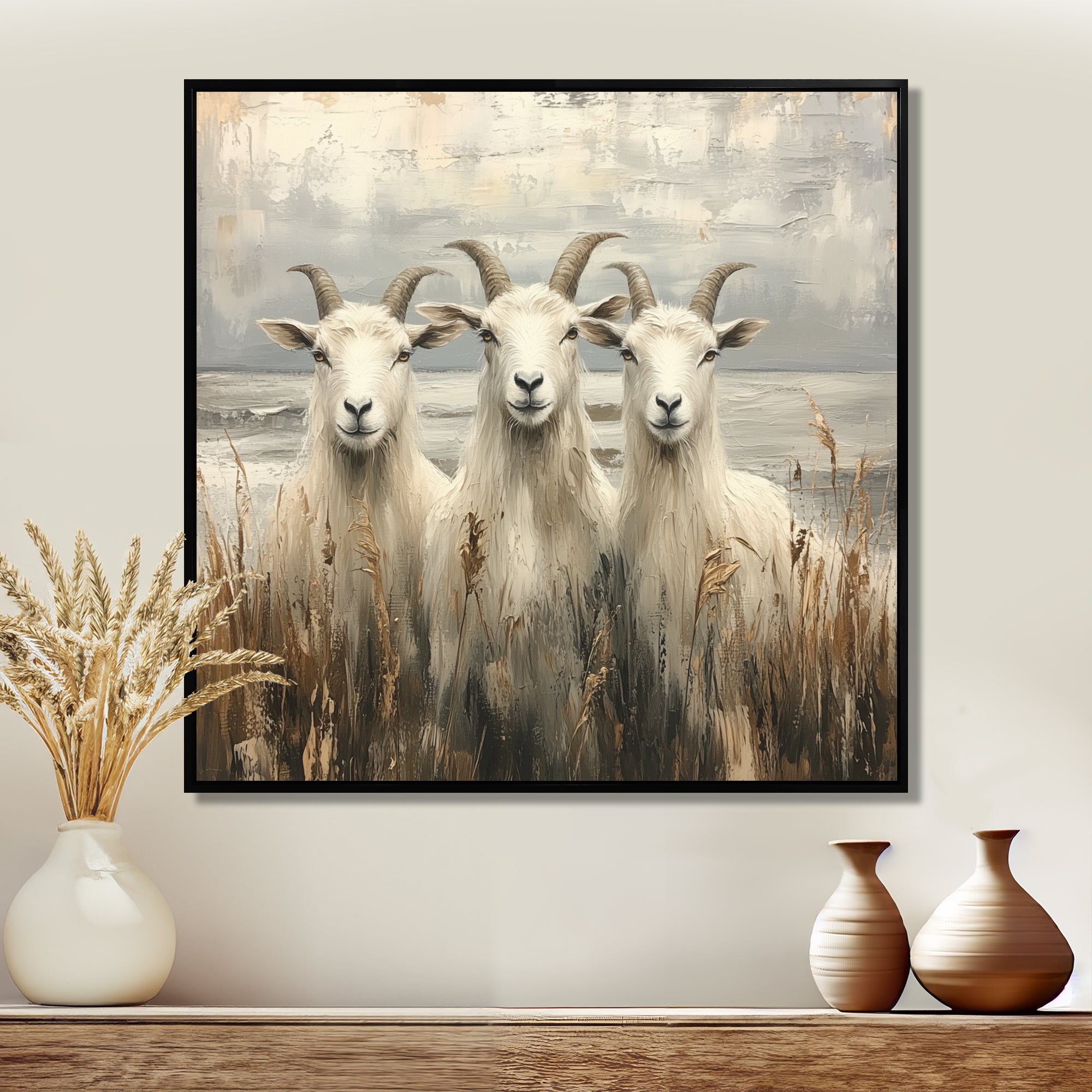 Grey And Brown Minimalism Coastal Goats - Goat Canvas Wall Art