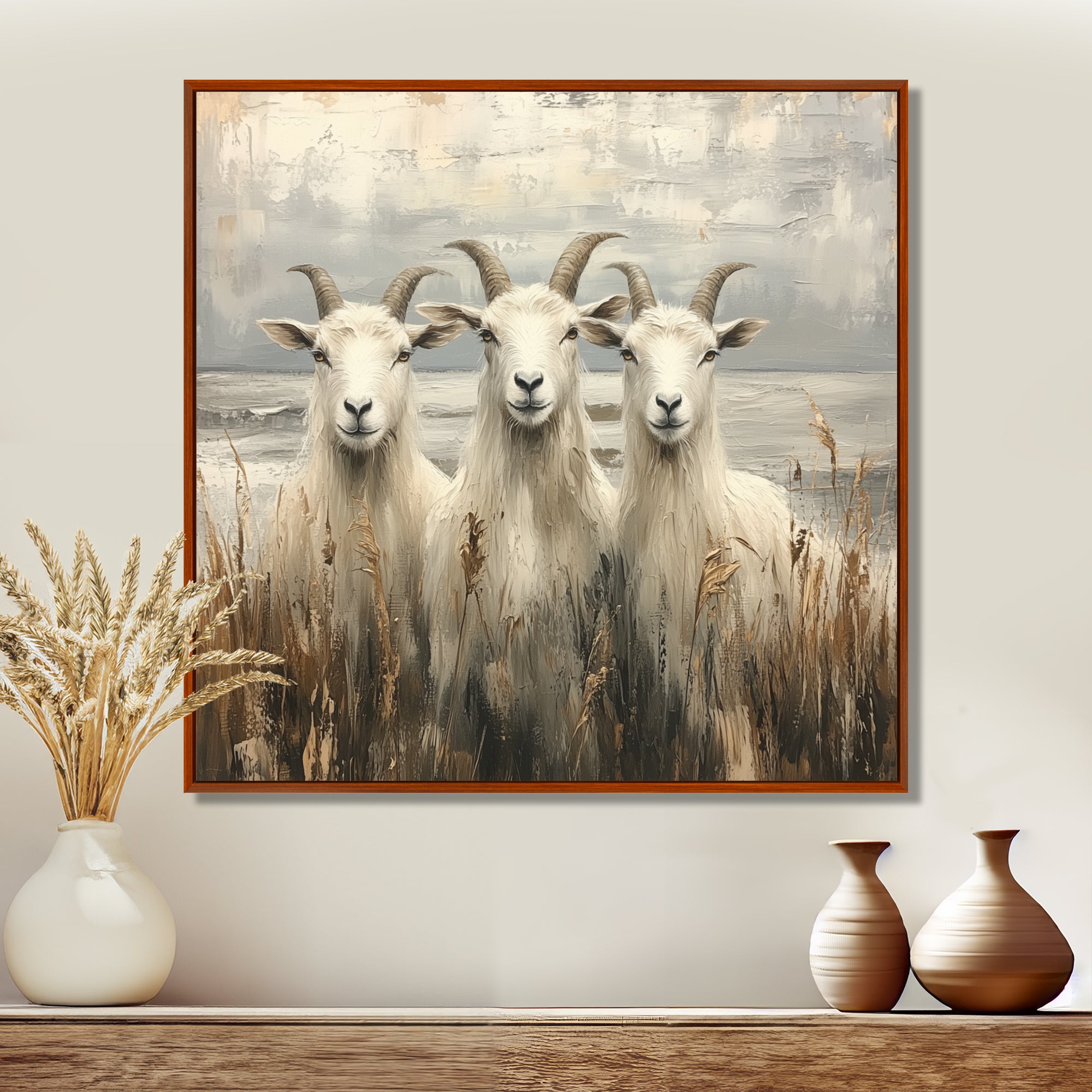 Grey And Brown Minimalism Coastal Goats - Goat Canvas Wall Art