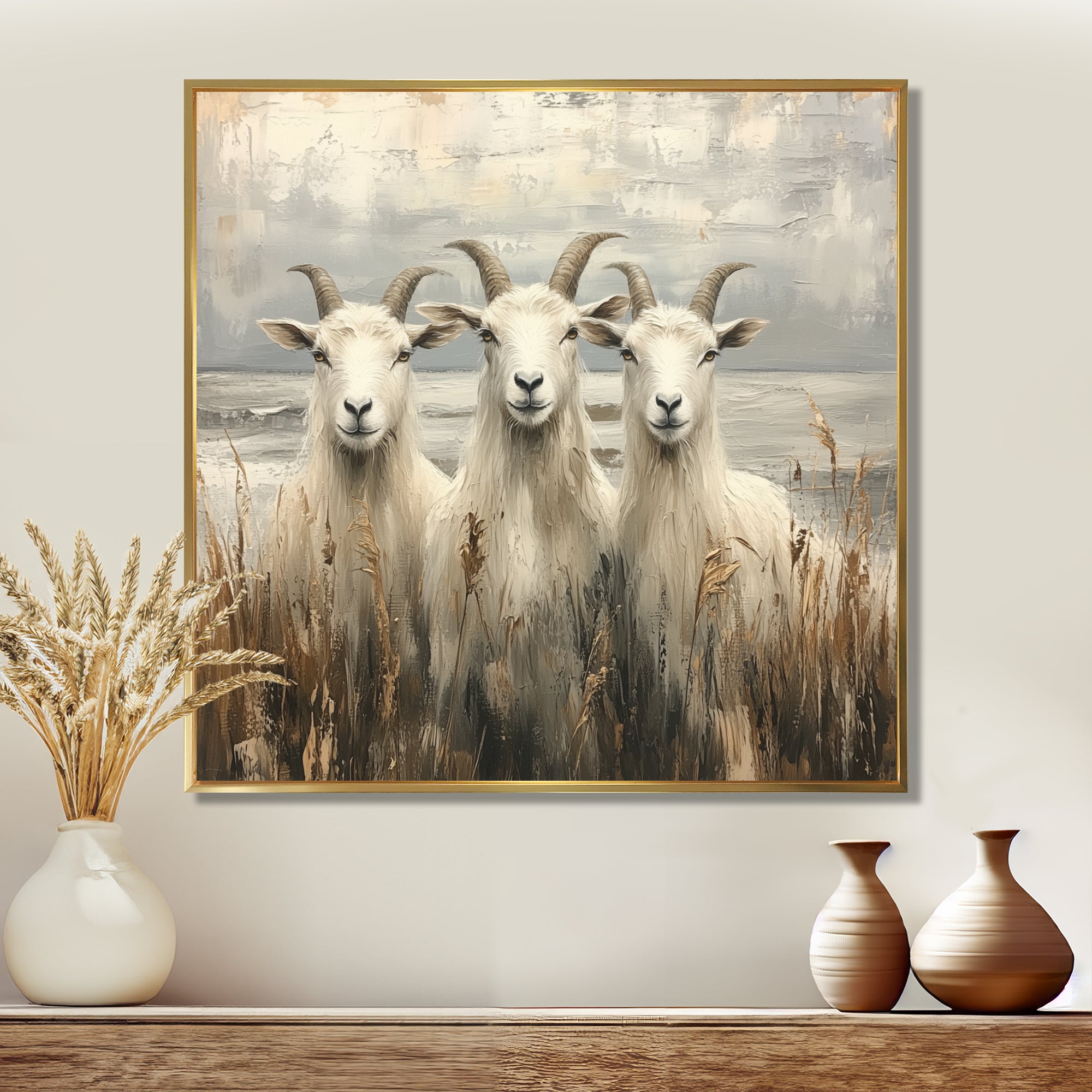 Grey And Brown Minimalism Coastal Goats - Goat Canvas Wall Art