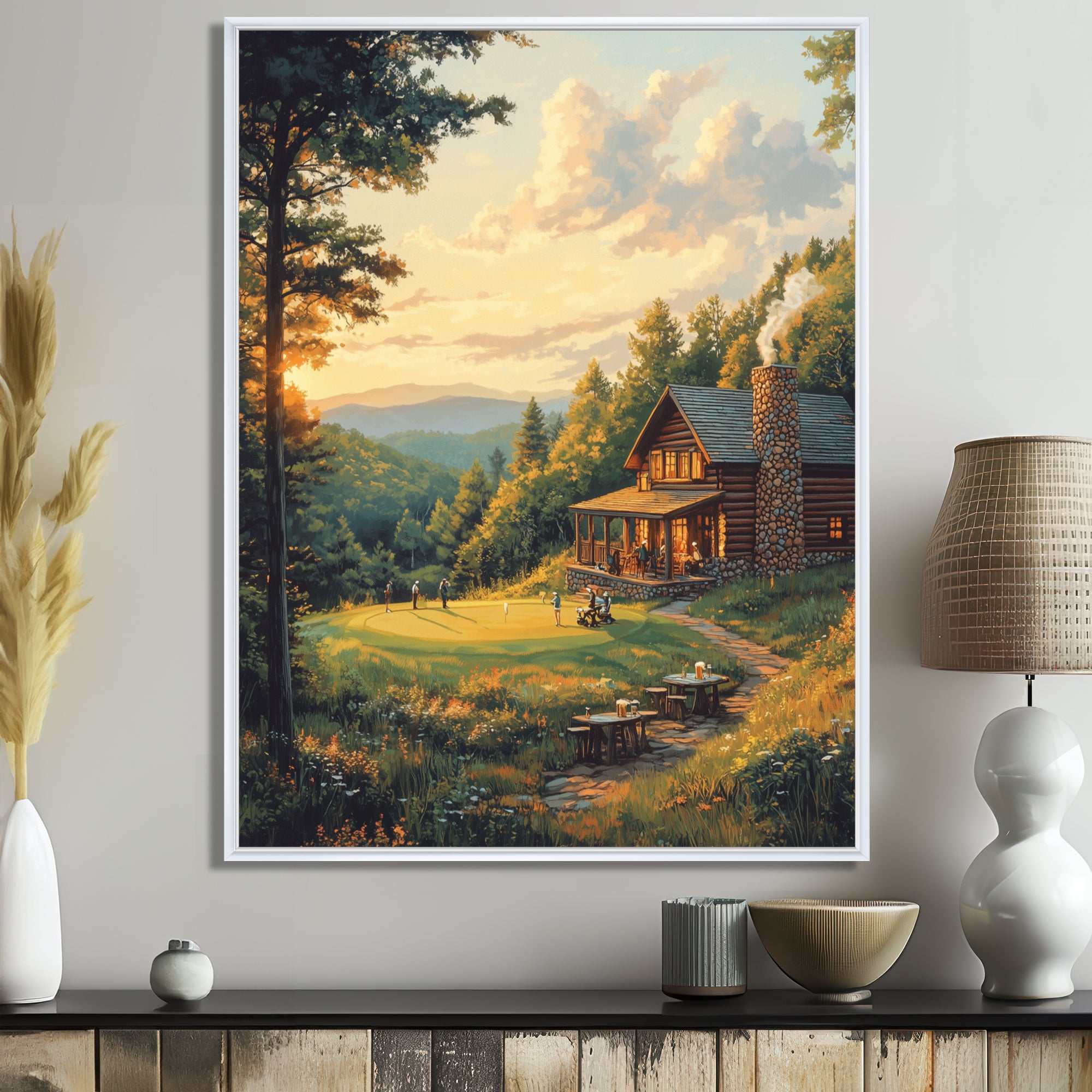 Green And Brown Golf Course With Cozy Lodge I - Golf Canvas Wall Art