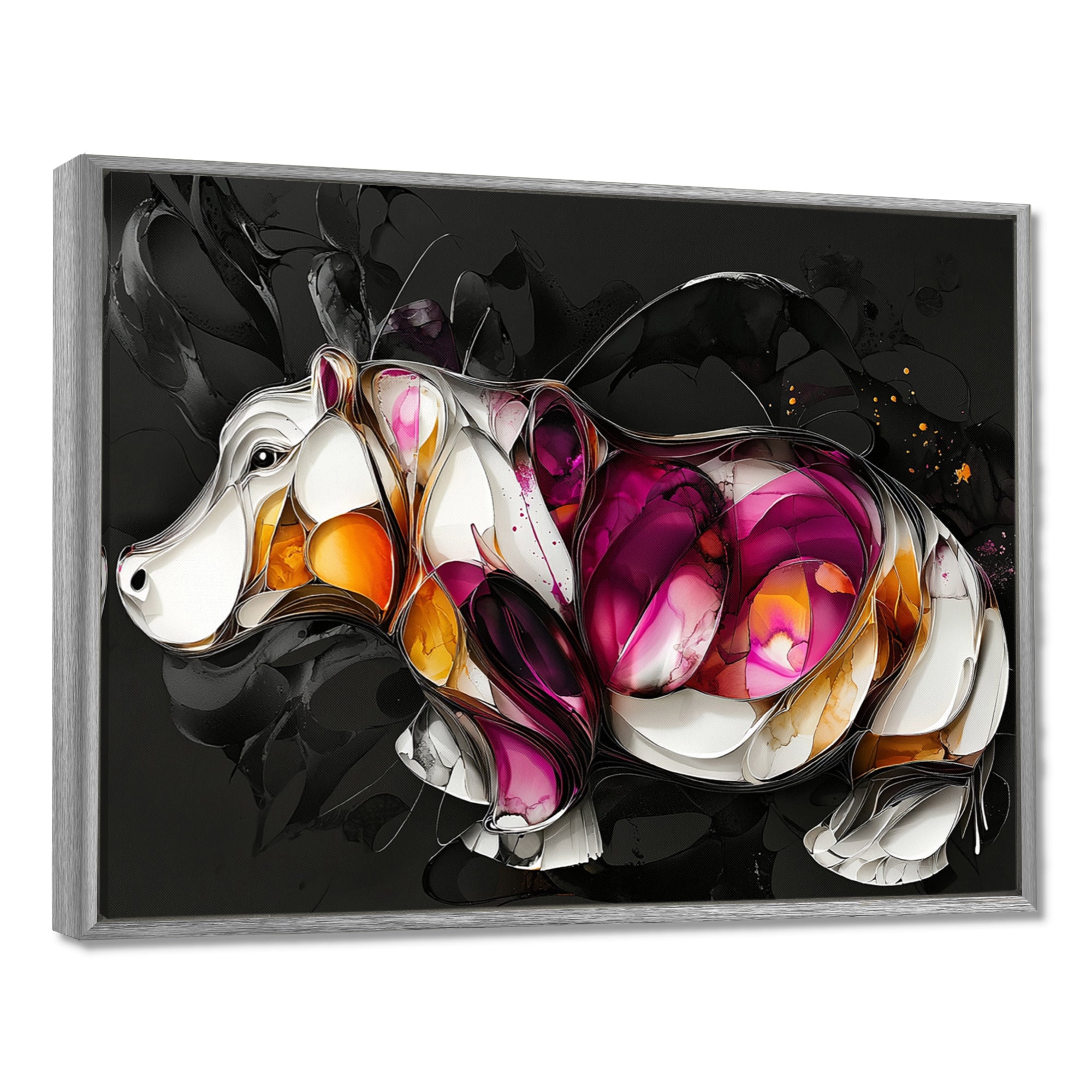 Pink Cubist Hippo Accented With Orange - Hippopotamus Wall Art Prints