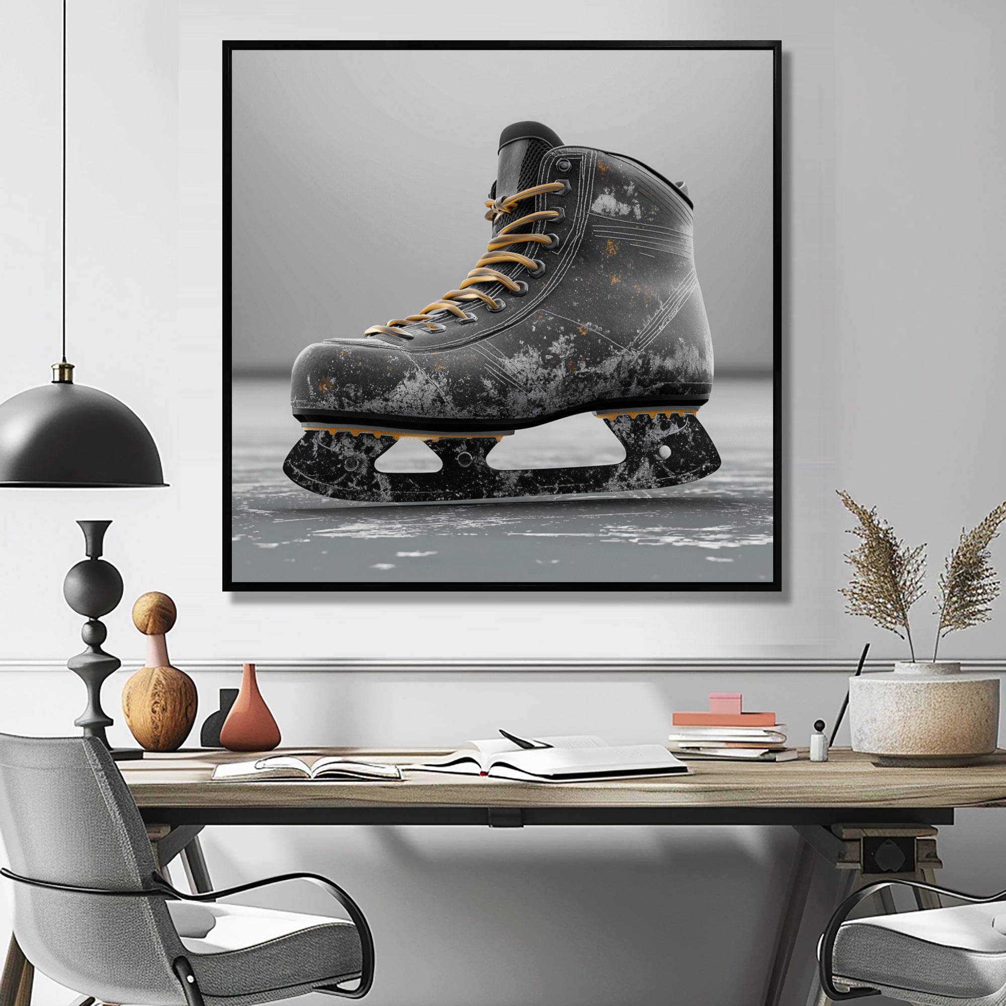 Hockey Skates In Grey And Yellow Tones - Sport Hockey Canvas Wall Art