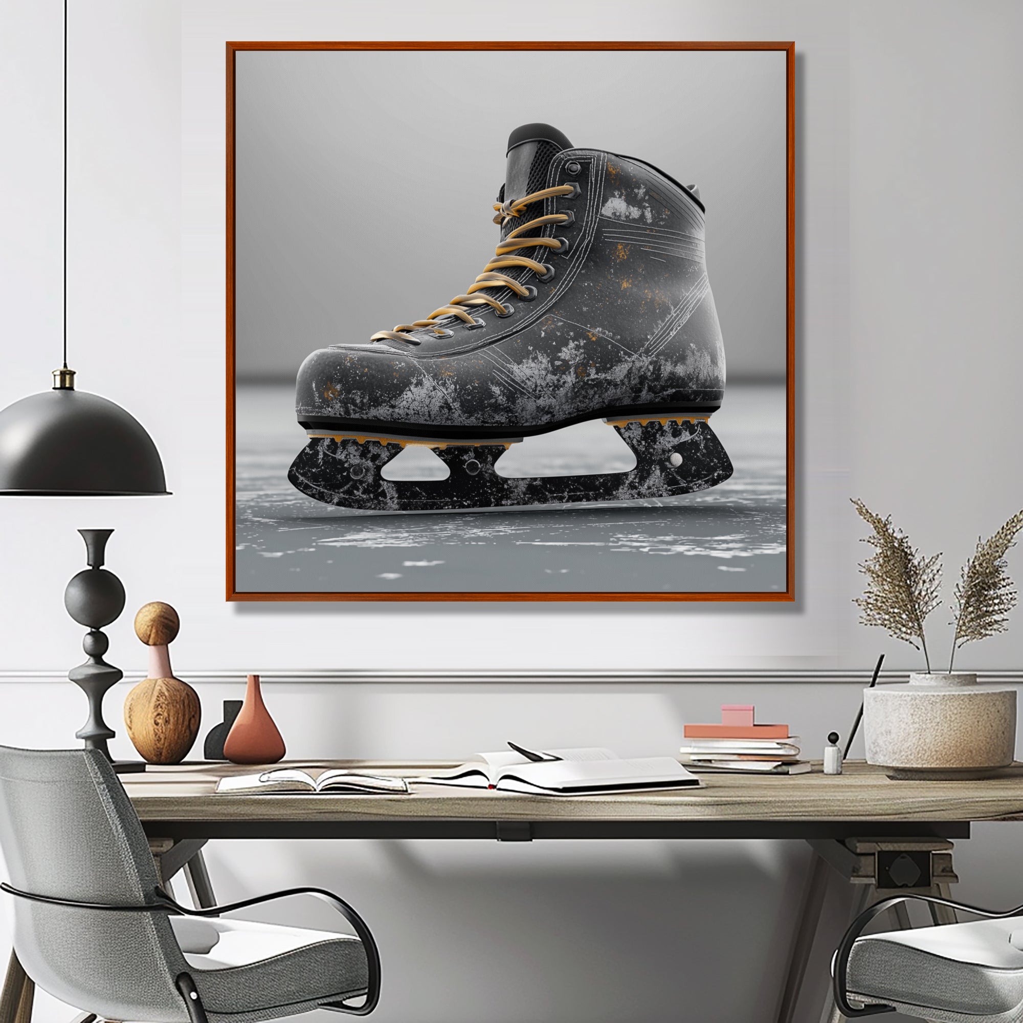 Hockey Skates In Grey And Yellow Tones - Sport Hockey Canvas Wall Art