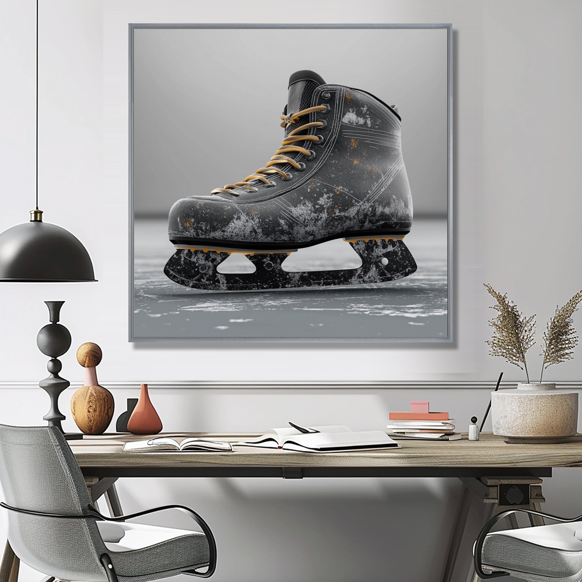 Hockey Skates In Grey And Yellow Tones - Sport Hockey Canvas Wall Art