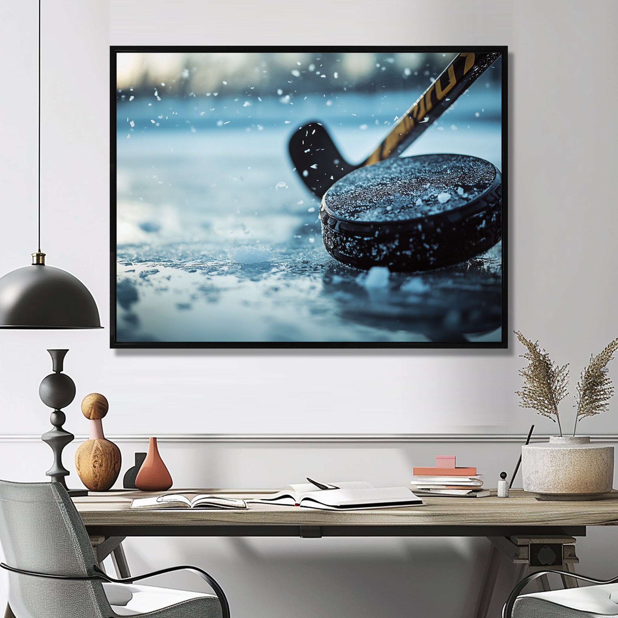 Black Hockey Stick And Rubber Puck I - Sport Hockey Canvas Wall Art