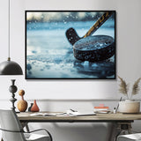 Black Hockey Stick And Rubber Puck I - Sport Hockey Canvas Wall Art