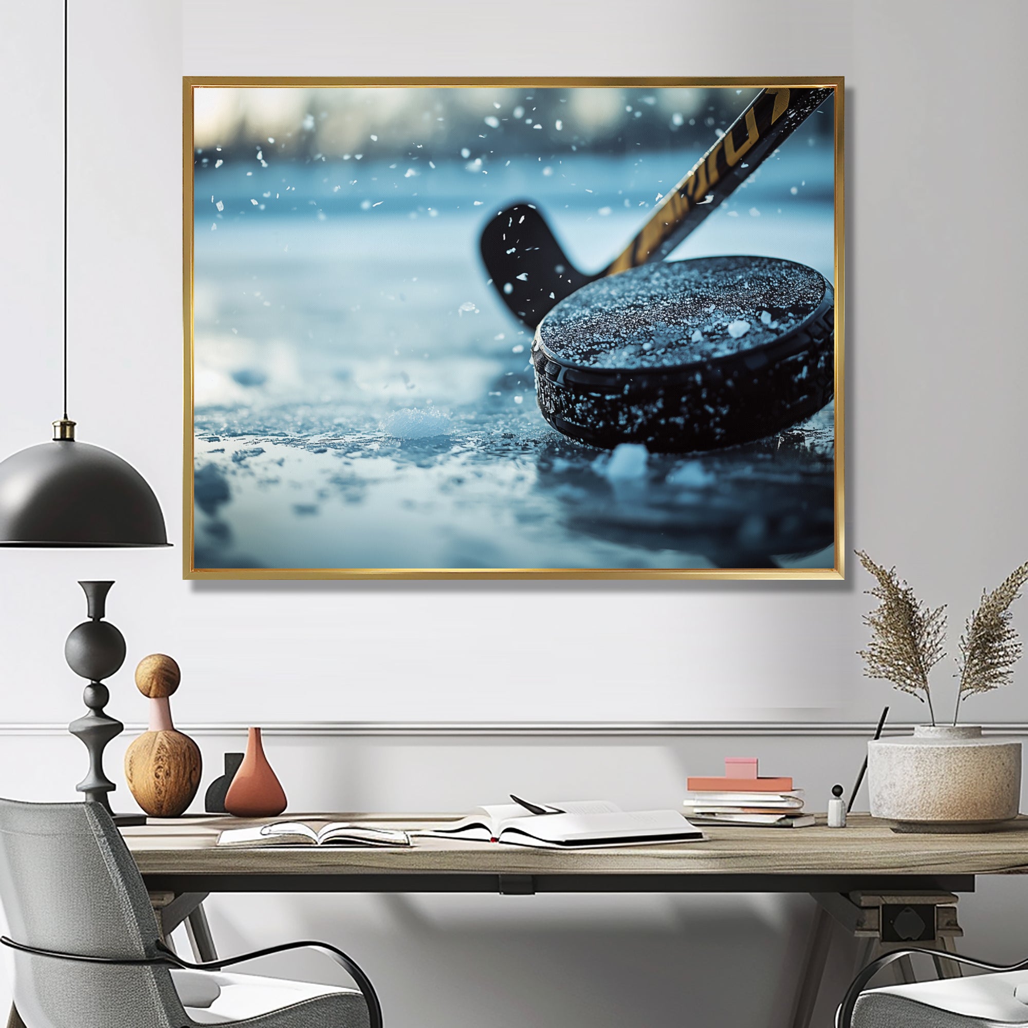 Black Hockey Stick And Rubber Puck I - Sport Hockey Canvas Wall Art
