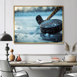 Black Hockey Stick And Rubber Puck I - Sport Hockey Canvas Wall Art