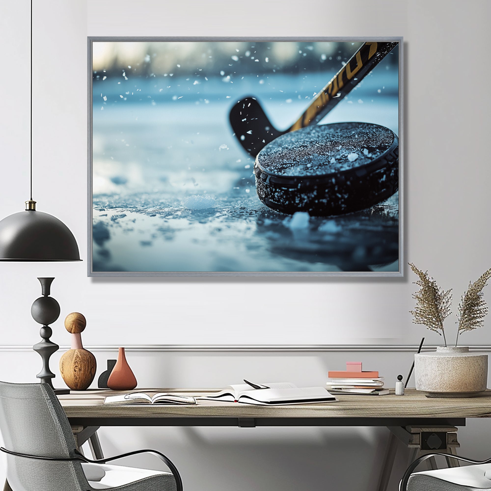 Black Hockey Stick And Rubber Puck I - Sport Hockey Canvas Wall Art