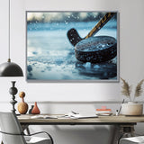 Black Hockey Stick And Rubber Puck I - Sport Hockey Canvas Wall Art