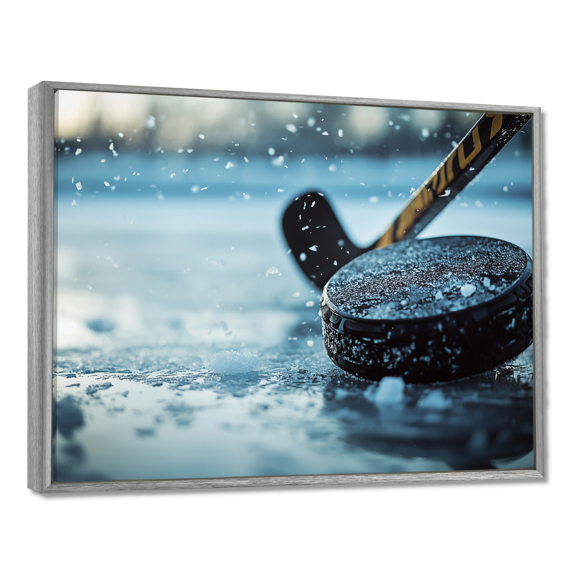 Black Hockey Stick And Rubber Puck I - Sport Hockey Canvas Wall Art