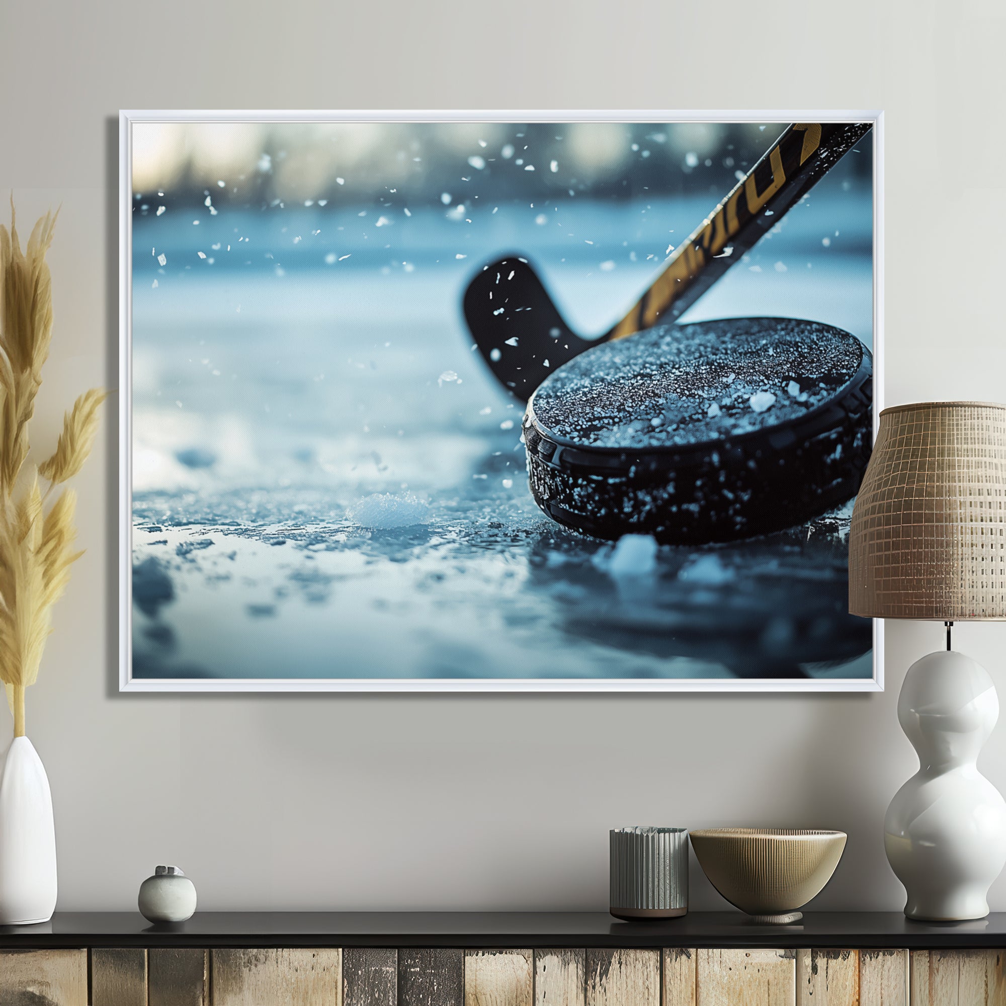 Black Hockey Stick And Rubber Puck I - Sport Hockey Canvas Wall Art
