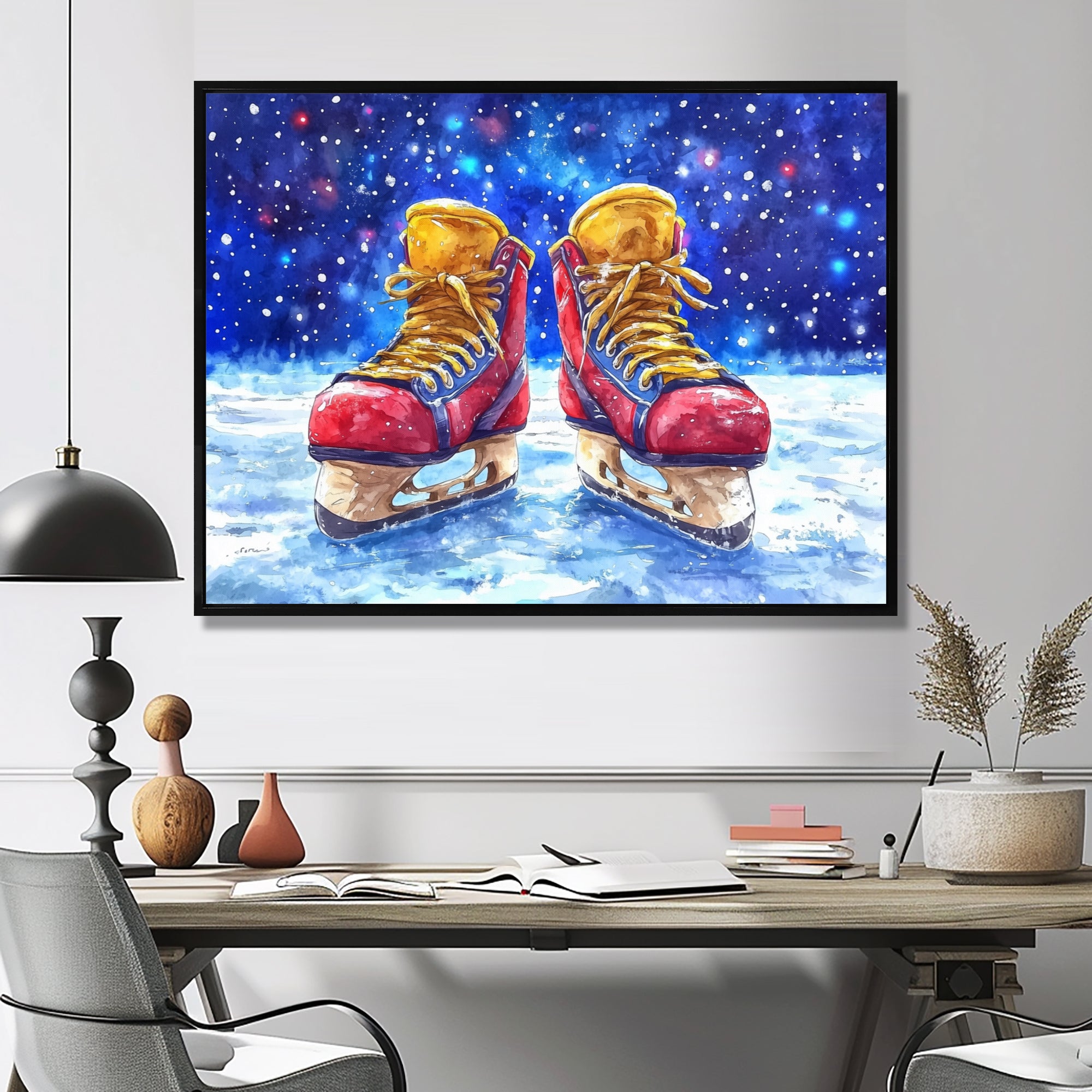 Red Hockey Gear Painting Accented With Blue - Sport Hockey Canvas Wall Art