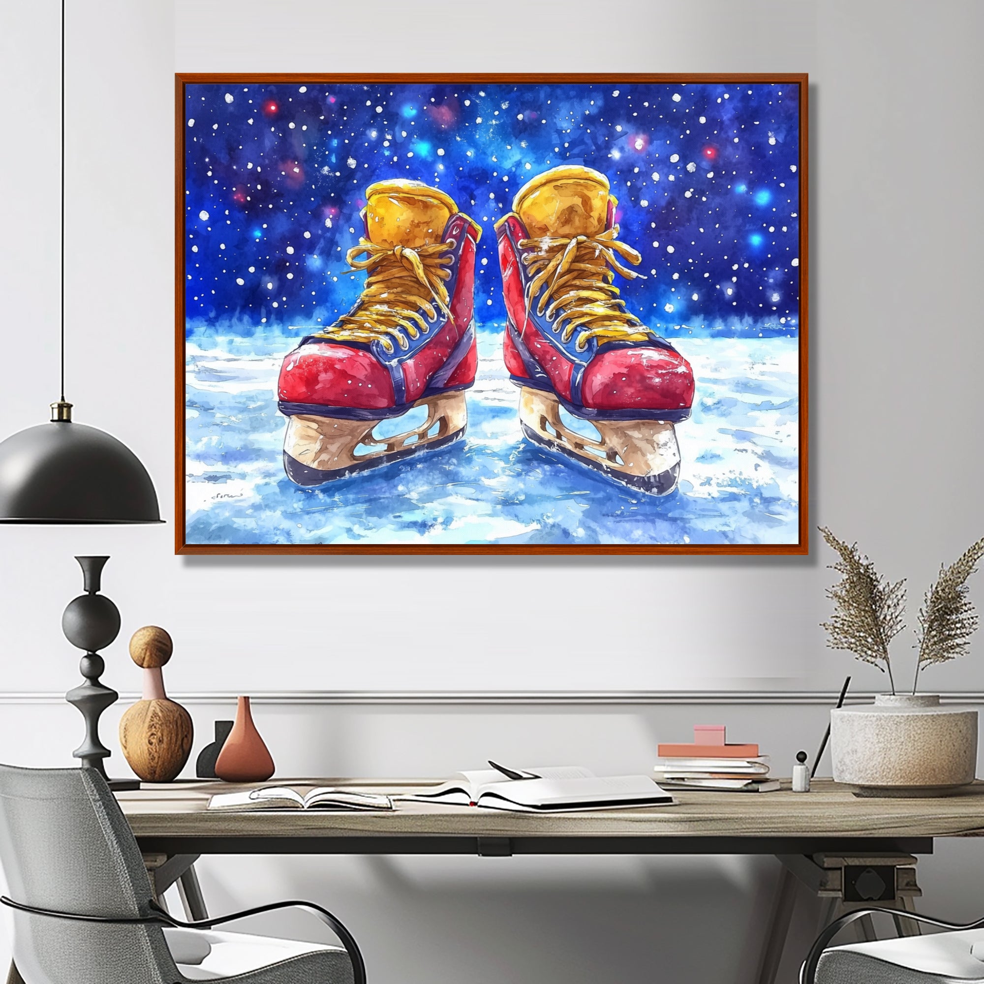 Red Hockey Gear Painting Accented With Blue - Sport Hockey Canvas Wall Art