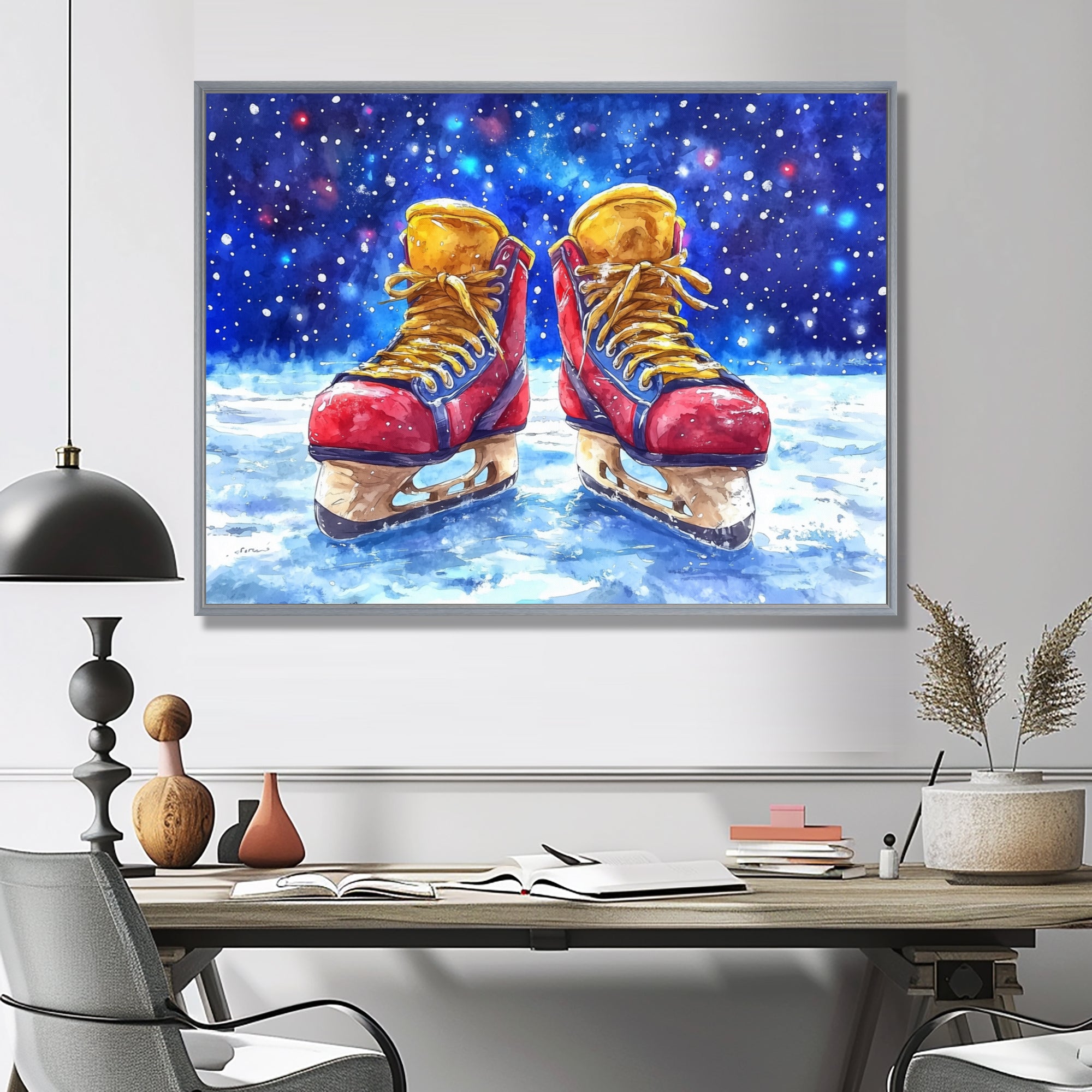 Red Hockey Gear Painting Accented With Blue - Sport Hockey Canvas Wall Art