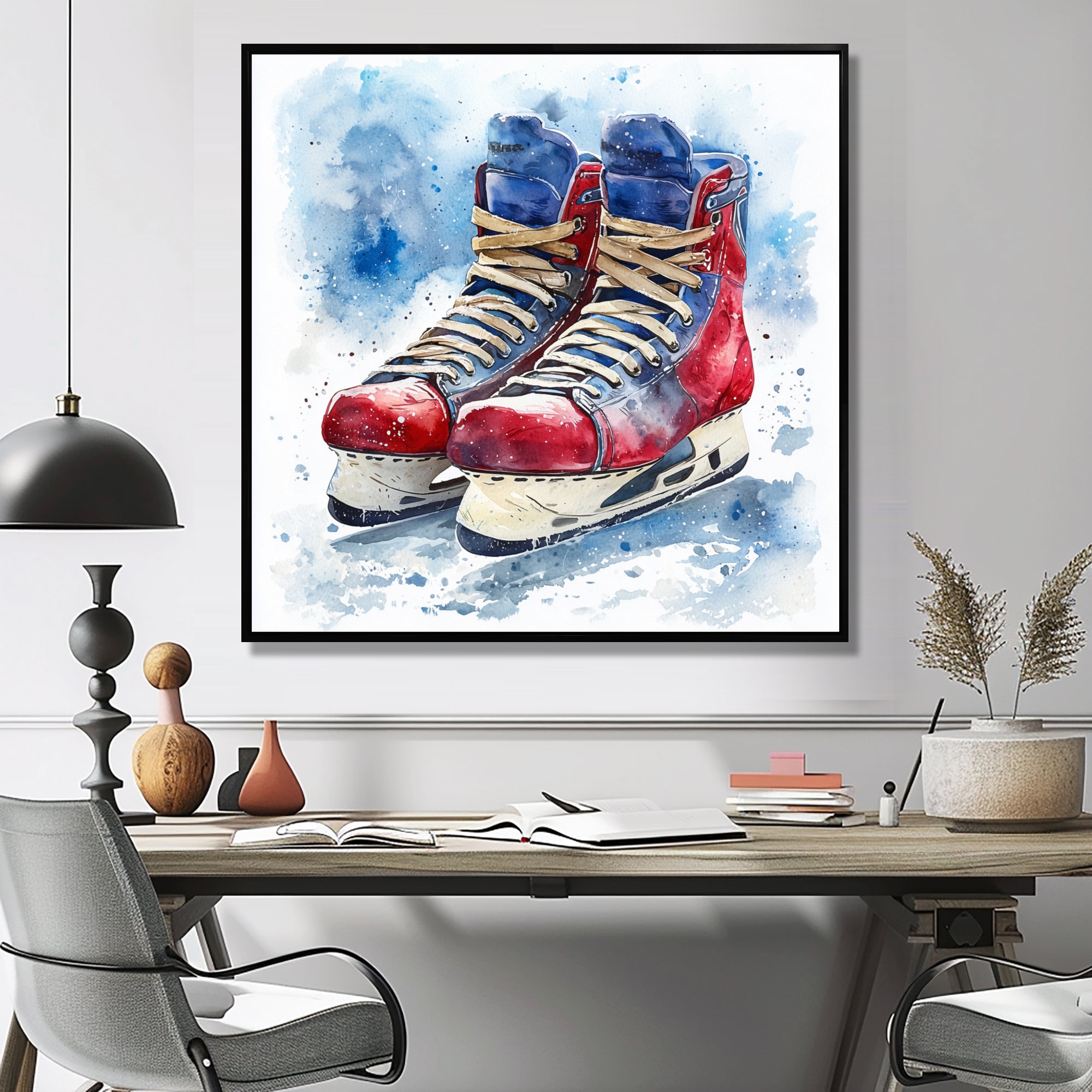 Red Blue Watercolor Hockey Skates - Sport Hockey Canvas Wall Art